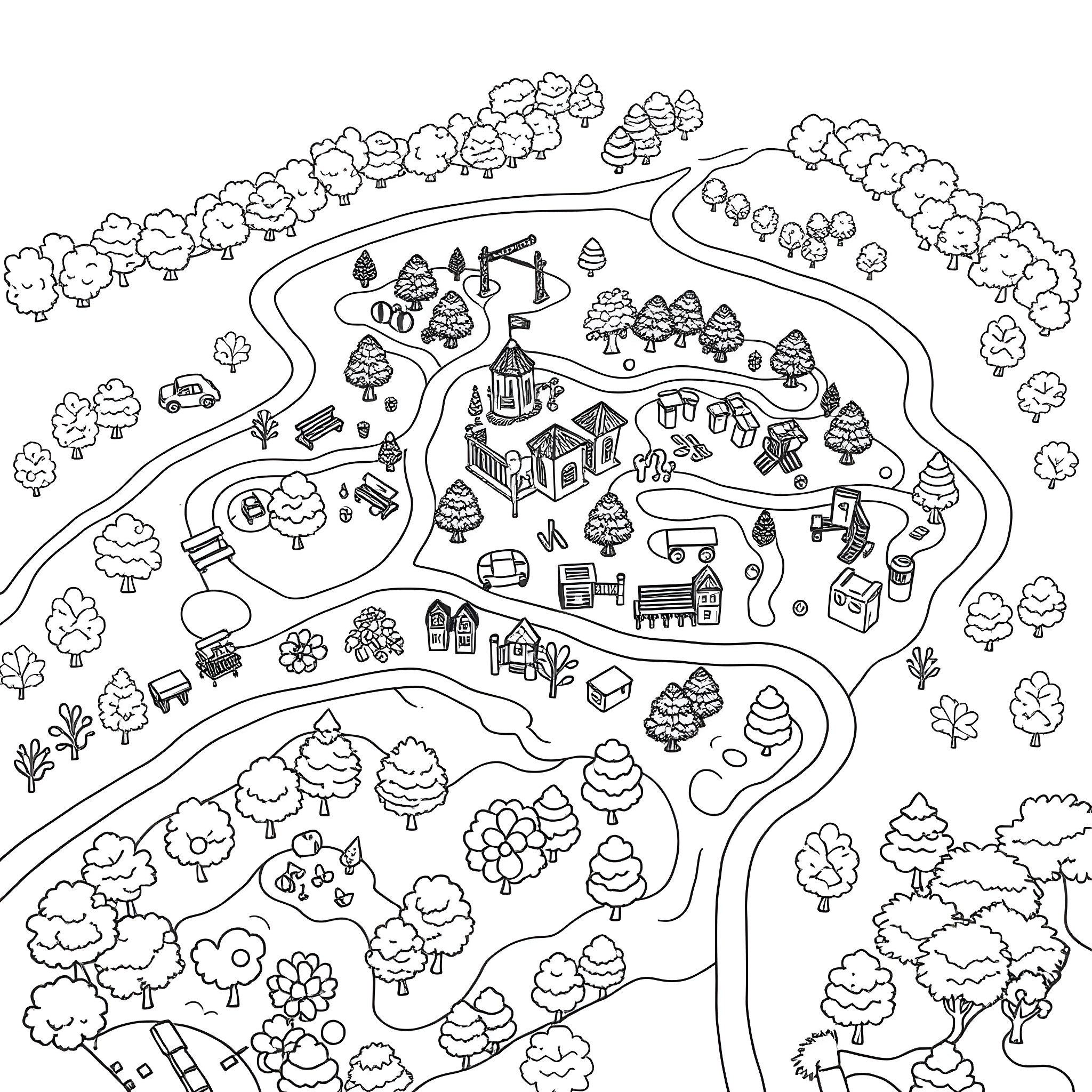 Map of a Fantastical Landscape with Whimsical Elements Coloring Page (free black-and-white line drawing printable PDF for all, from beginners to advanced learners, including children, teens, adults, and seniors)