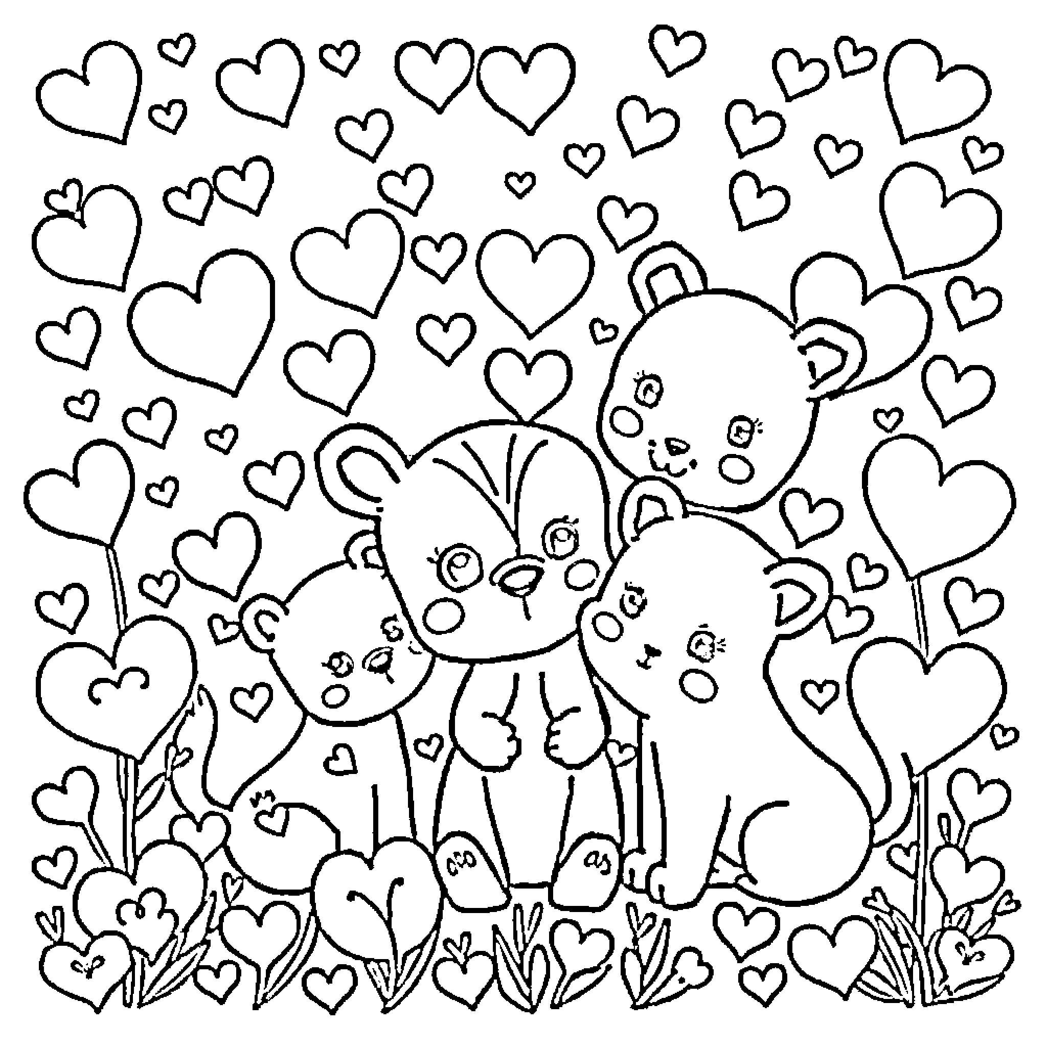 Valentine Kittens Surrounded by Hearts Coloring Page (free black-and-white line drawing printable PDF for all, from beginners to advanced learners, including children, teens, adults, and seniors)