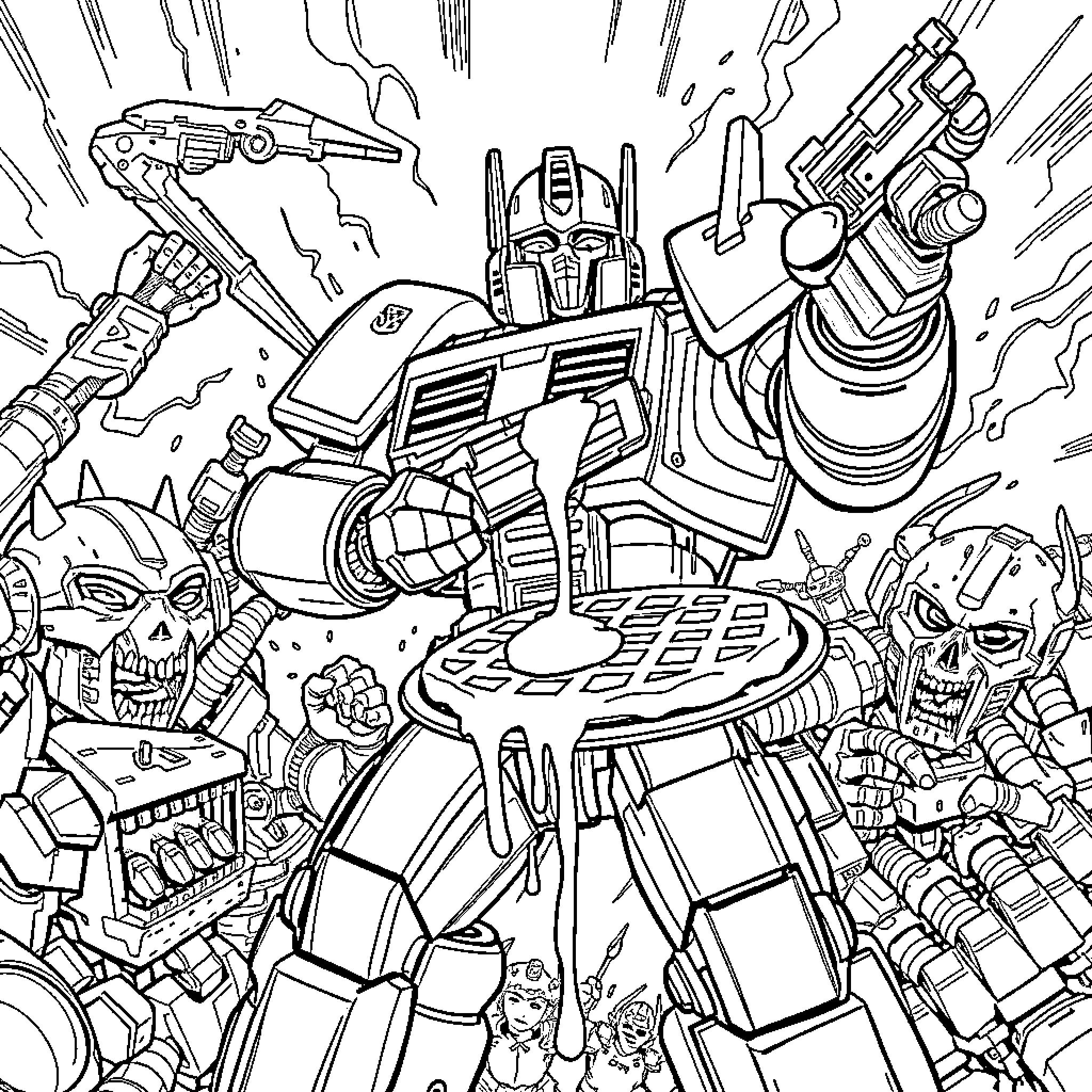 Titus Clashes with Robotic Forces Coloring Page (free black-and-white line drawing printable PDF for all, from beginners to advanced learners, including children, teens, adults, and seniors)