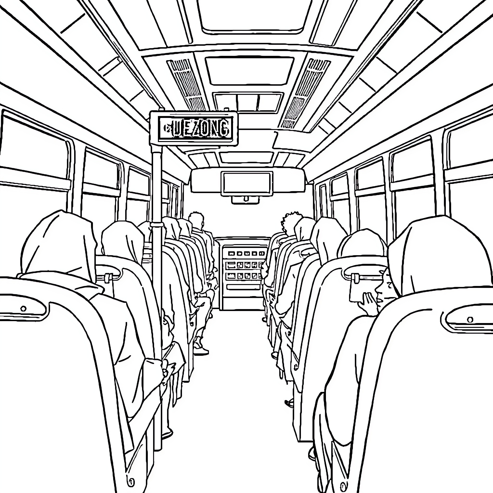 Bus Interior with Passengers Coloring Page (free black-and-white line drawing printable PDF for all, from beginners to advanced learners, including children, teens, adults, and seniors)