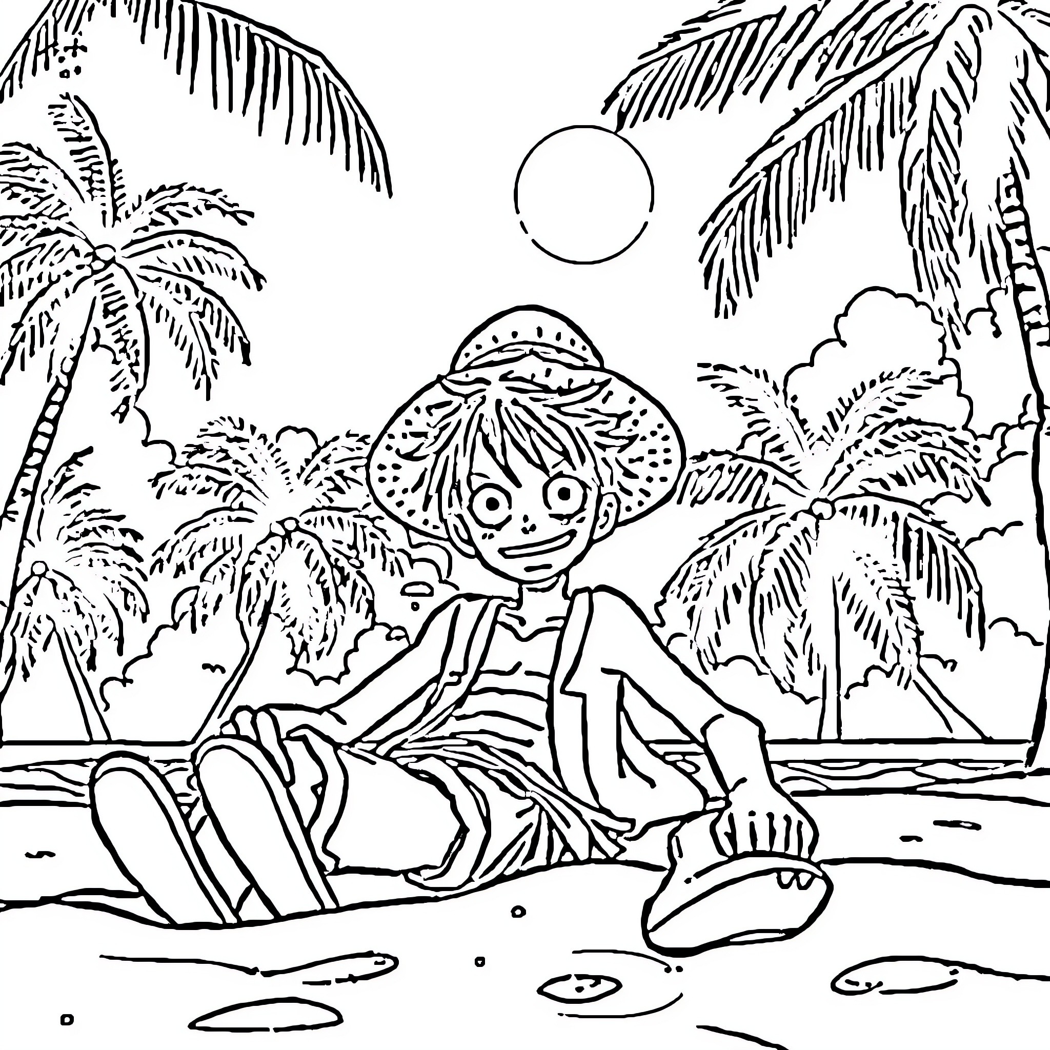 Luffy enjoying a tropical beach adventure Coloring Page (free black-and-white line drawing printable PDF for all, from beginners to advanced learners, including children, teens, adults, and seniors)