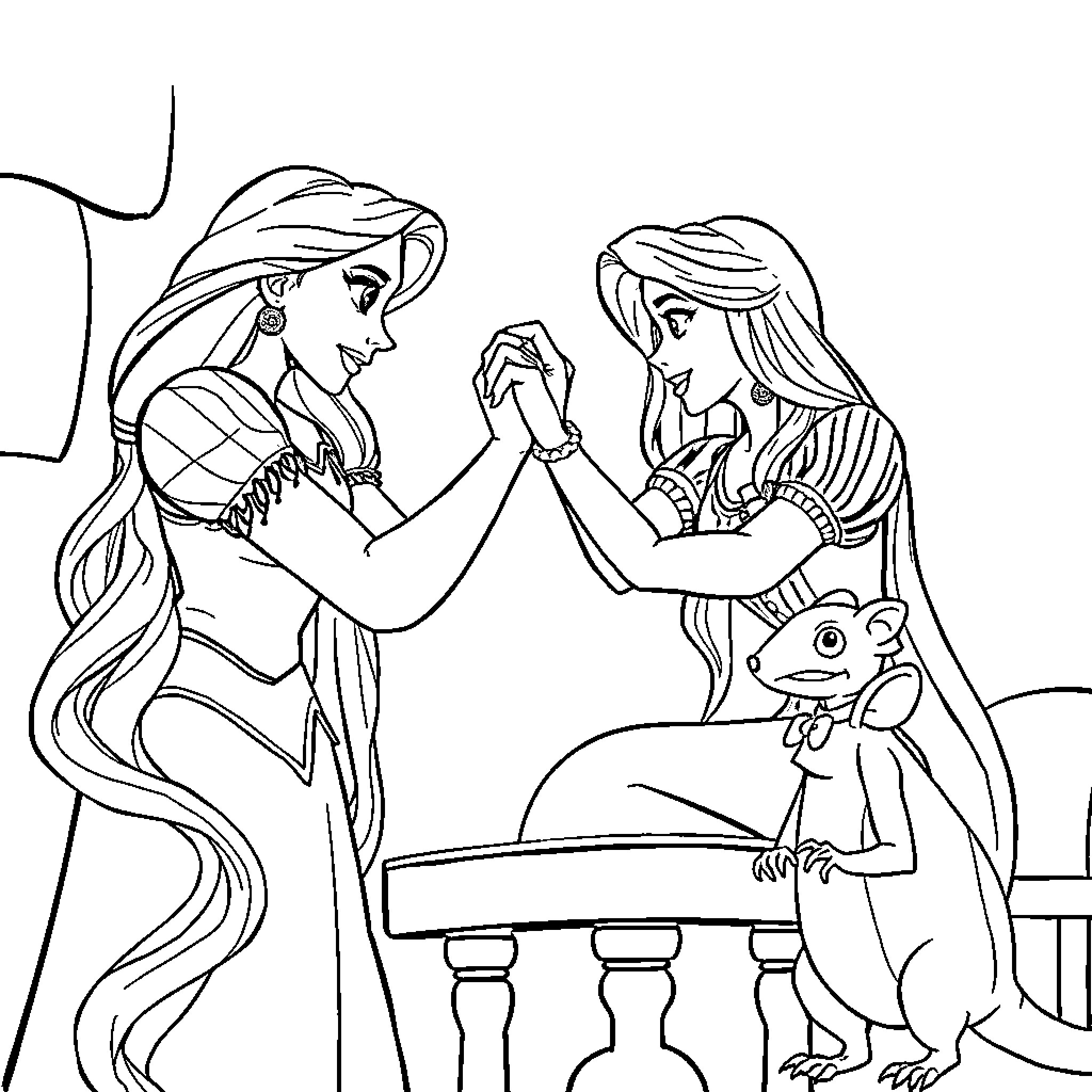 Rapunzel having a friendly conversation with a princess Coloring Page (free black-and-white line drawing printable PDF for all, from beginners to advanced learners, including children, teens, adults, and seniors)