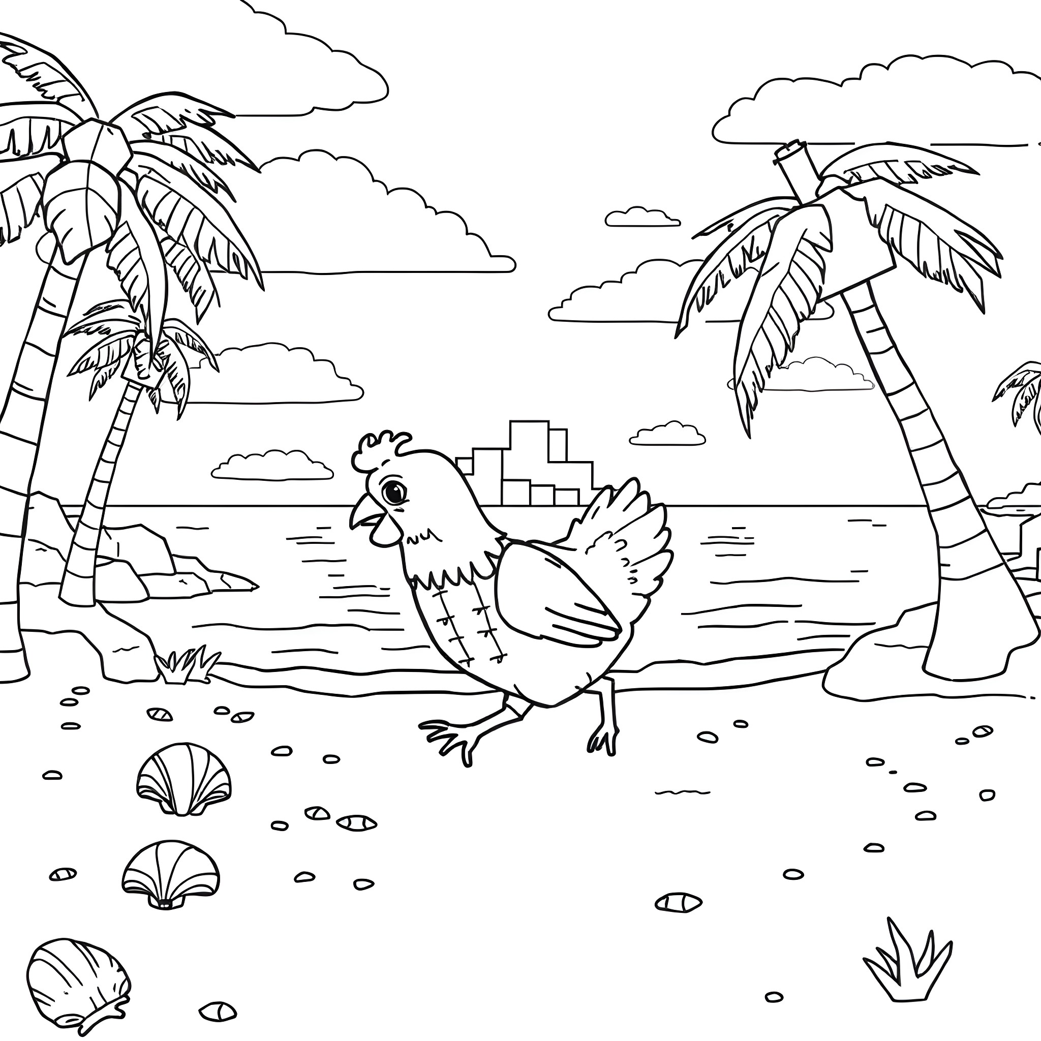 Minecraft Chicken enjoying a tropical beach scene Coloring Page (free black-and-white line drawing printable PDF for all, from beginners to advanced learners, including children, teens, adults, and seniors)