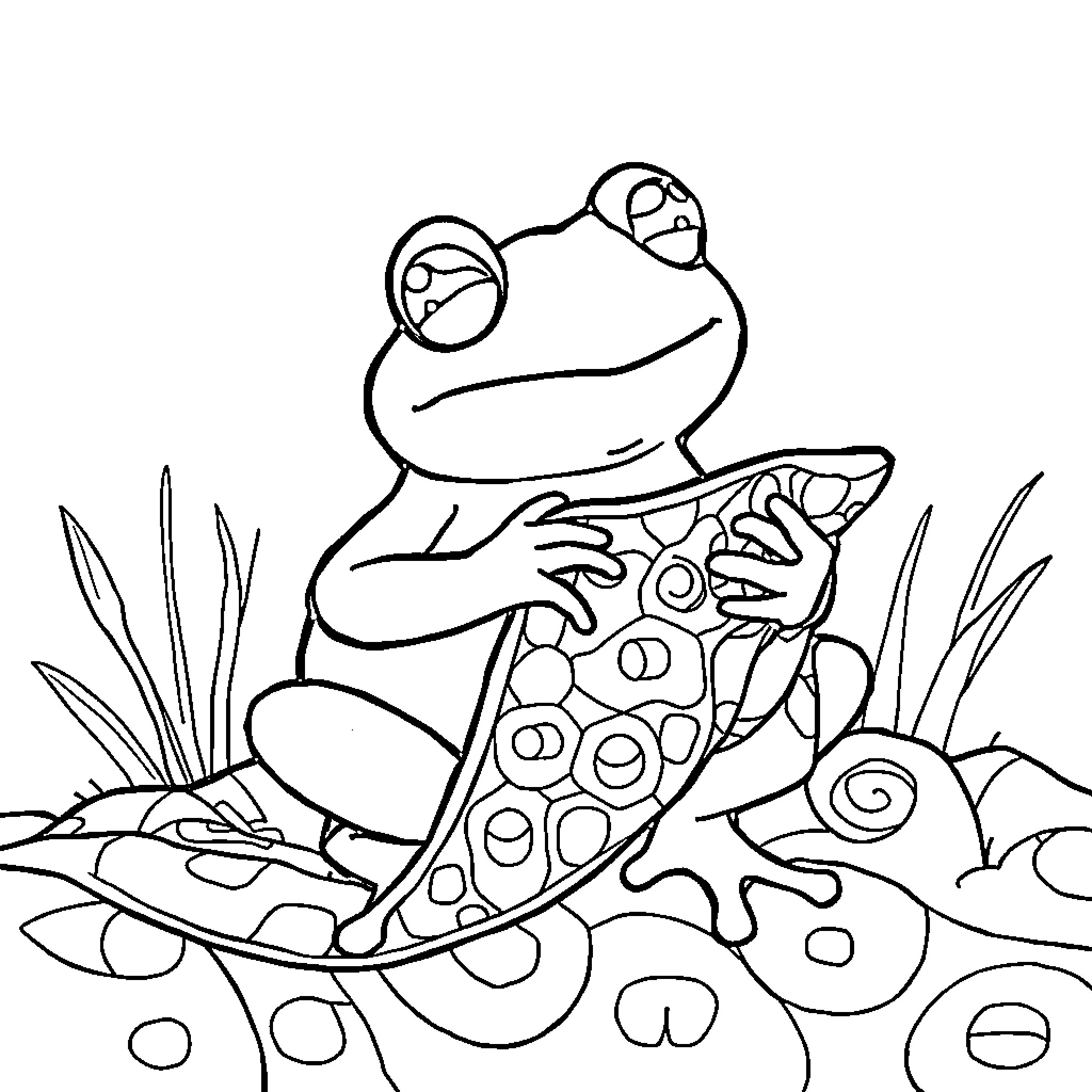 Frog resting peacefully in the grass Coloring Page (free black-and-white line drawing printable PDF for all, from beginners to advanced learners, including children, teens, adults, and seniors)