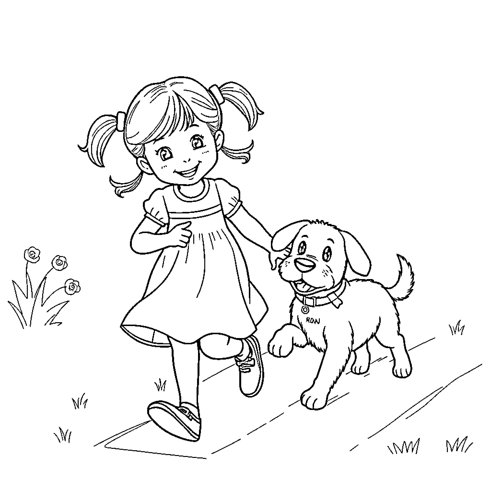 Girl playing with her puppy in the garden Coloring Page (free black-and-white line drawing printable PDF for all, from beginners to advanced learners, including children, teens, adults, and seniors)