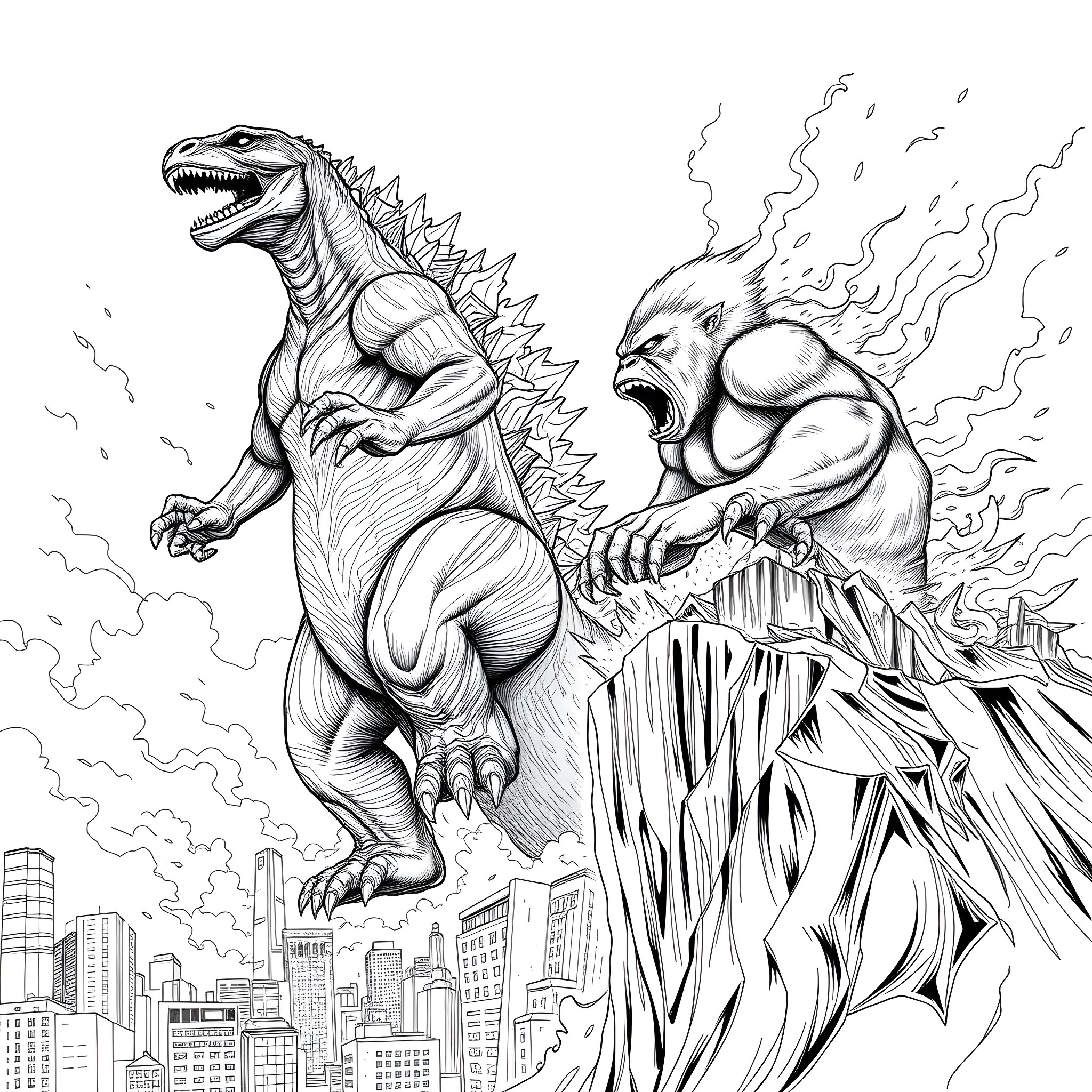 Godzilla vs. Kaiju battle over the city Coloring Page (free black-and-white line drawing printable PDF for all, from beginners to advanced learners, including children, teens, adults, and seniors)