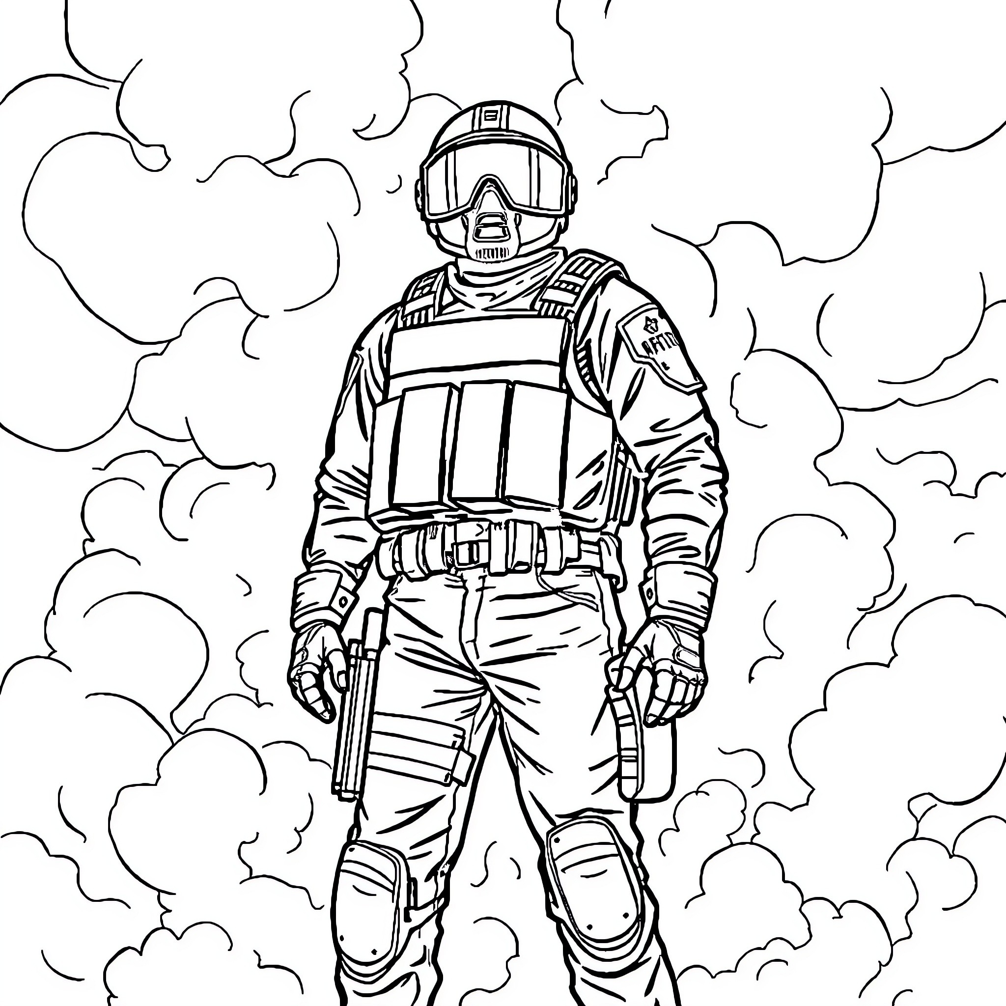 Man in protective gear and military uniform Coloring Page (free black-and-white line drawing printable PDF for all, from beginners to advanced learners, including children, teens, adults, and seniors)