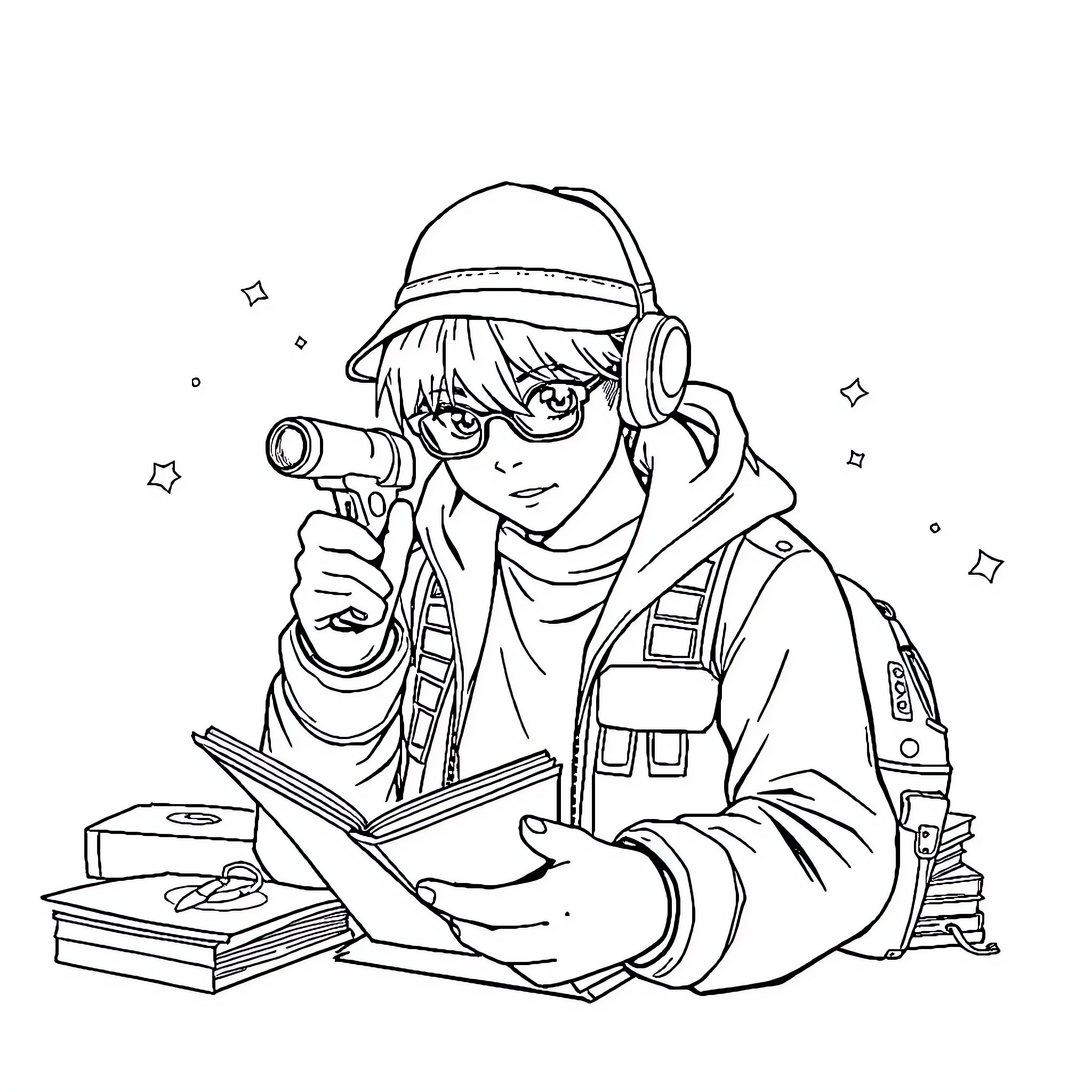 Kpop Hunter Explores Mysterious Digital World Coloring Page (free black-and-white line drawing printable PDF for all, from beginners to advanced learners, including children, teens, adults, and seniors)