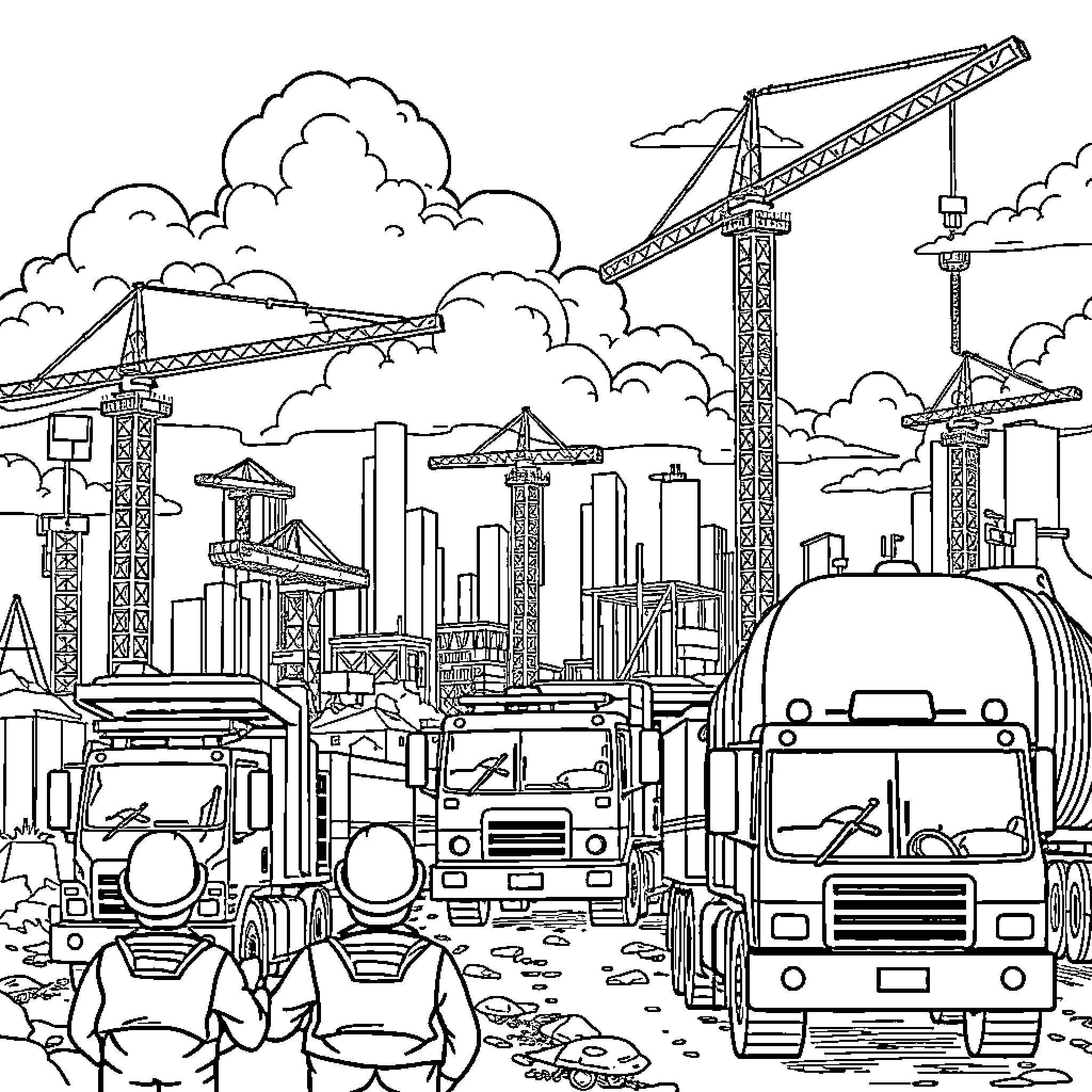 Construction Site with Cranes and Workers Coloring Page (free black-and-white line drawing printable PDF for all, from beginners to advanced learners, including children, teens, adults, and seniors)
