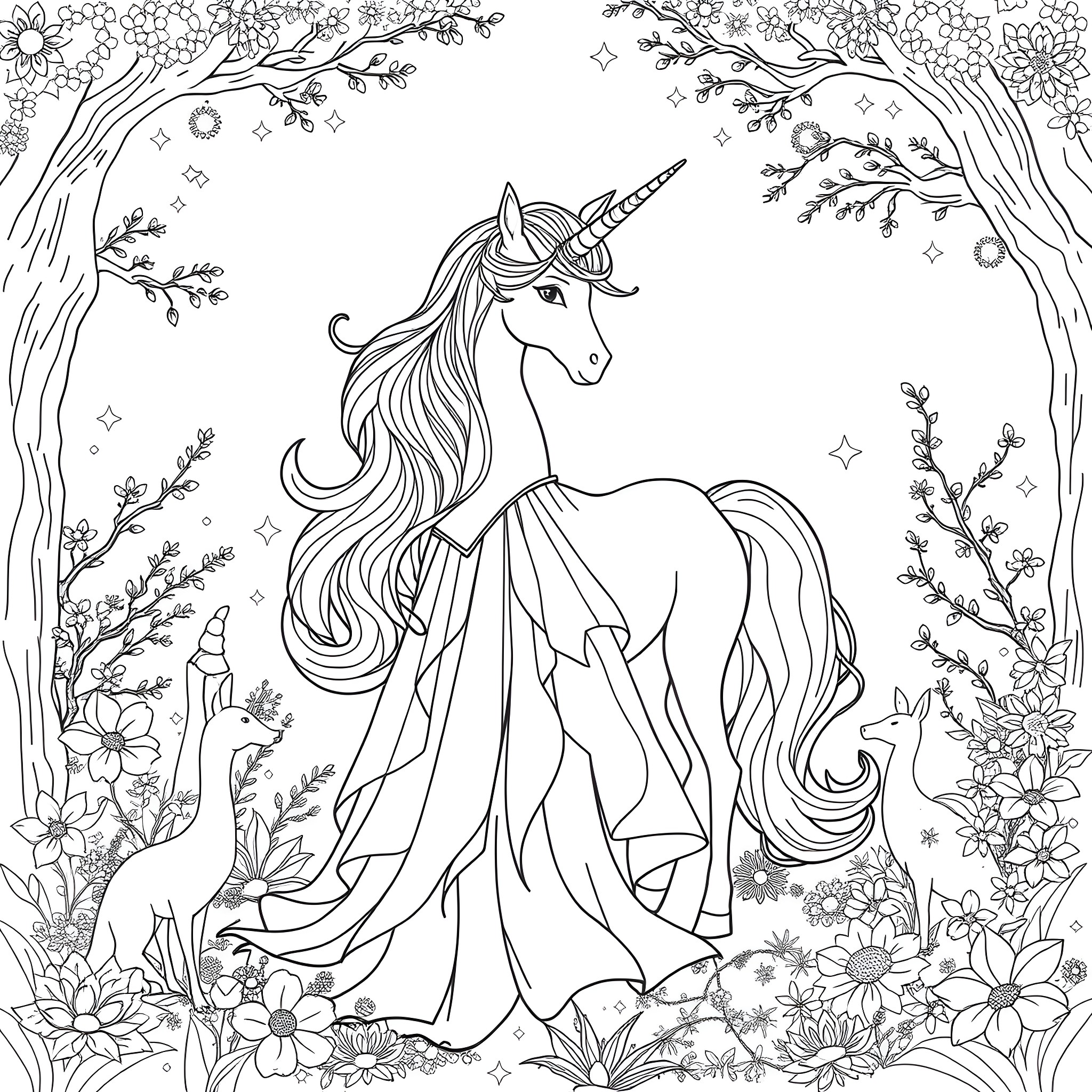 Unicorn amidst magical forest with blooming flowers Coloring Page (free black-and-white line drawing printable PDF for all, from beginners to advanced learners, including children, teens, adults, and seniors)