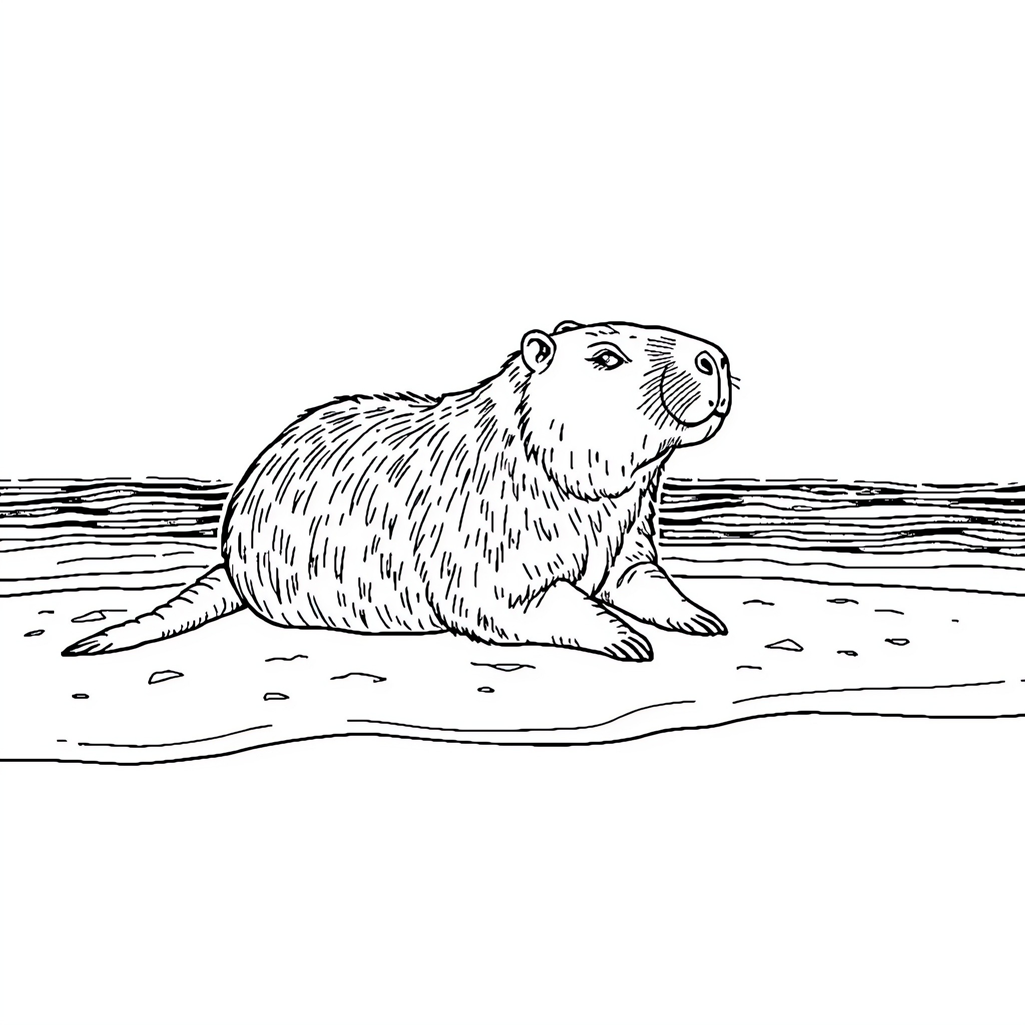 Capybara relaxing on the shoreline Coloring Page (free black-and-white line drawing printable PDF for all, from beginners to advanced learners, including children, teens, adults, and seniors)