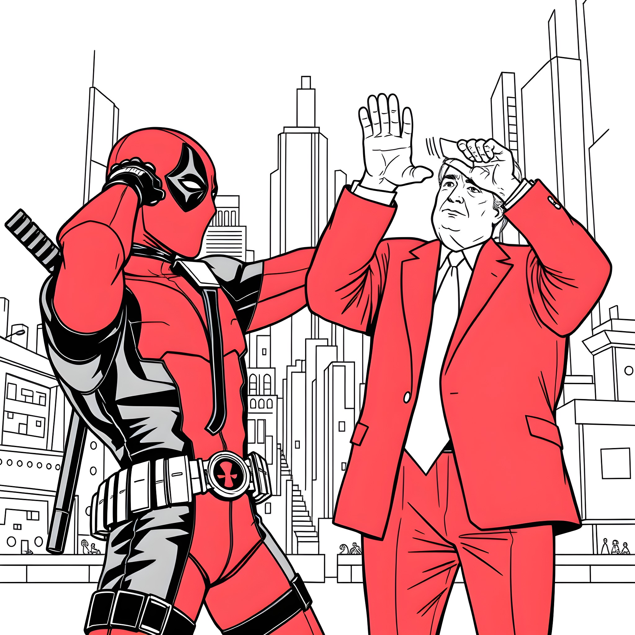Deadpool's Chaotic Encounter with a Suited City Dweller Coloring Page (free black-and-white line drawing printable PDF for all, from beginners to advanced learners, including children, teens, adults, and seniors)