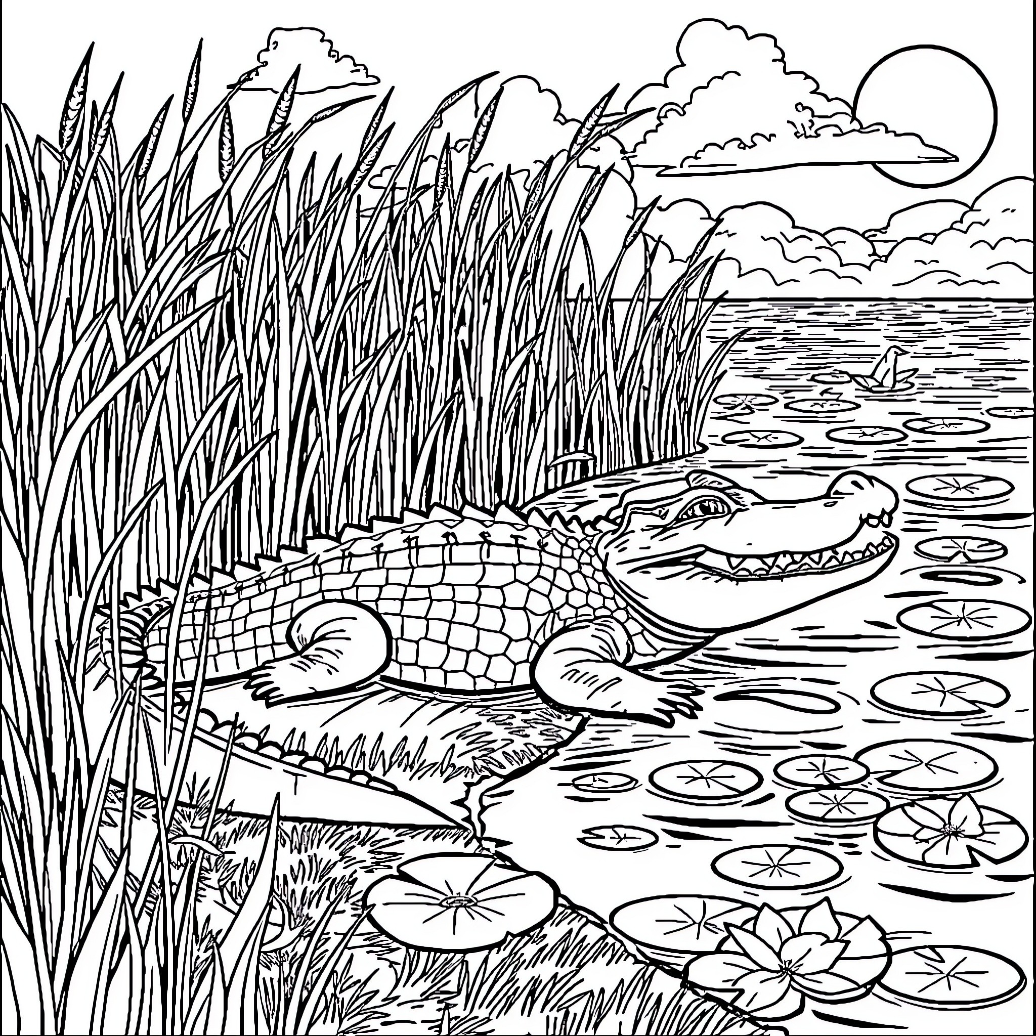 Alligator resting in the tranquil wetland scene Coloring Page (free black-and-white line drawing printable PDF for all, from beginners to advanced learners, including children, teens, adults, and seniors)