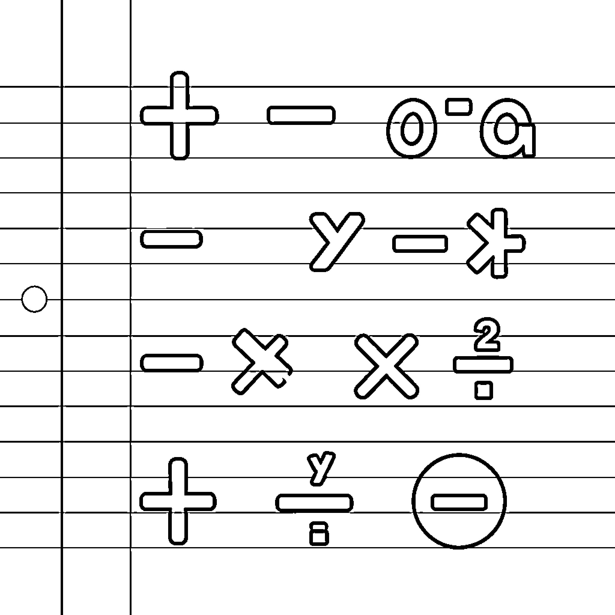 Math Symbol expressions arranged on lined paper Coloring Page (free black-and-white line drawing printable PDF for all, from beginners to advanced learners, including children, teens, adults, and seniors)