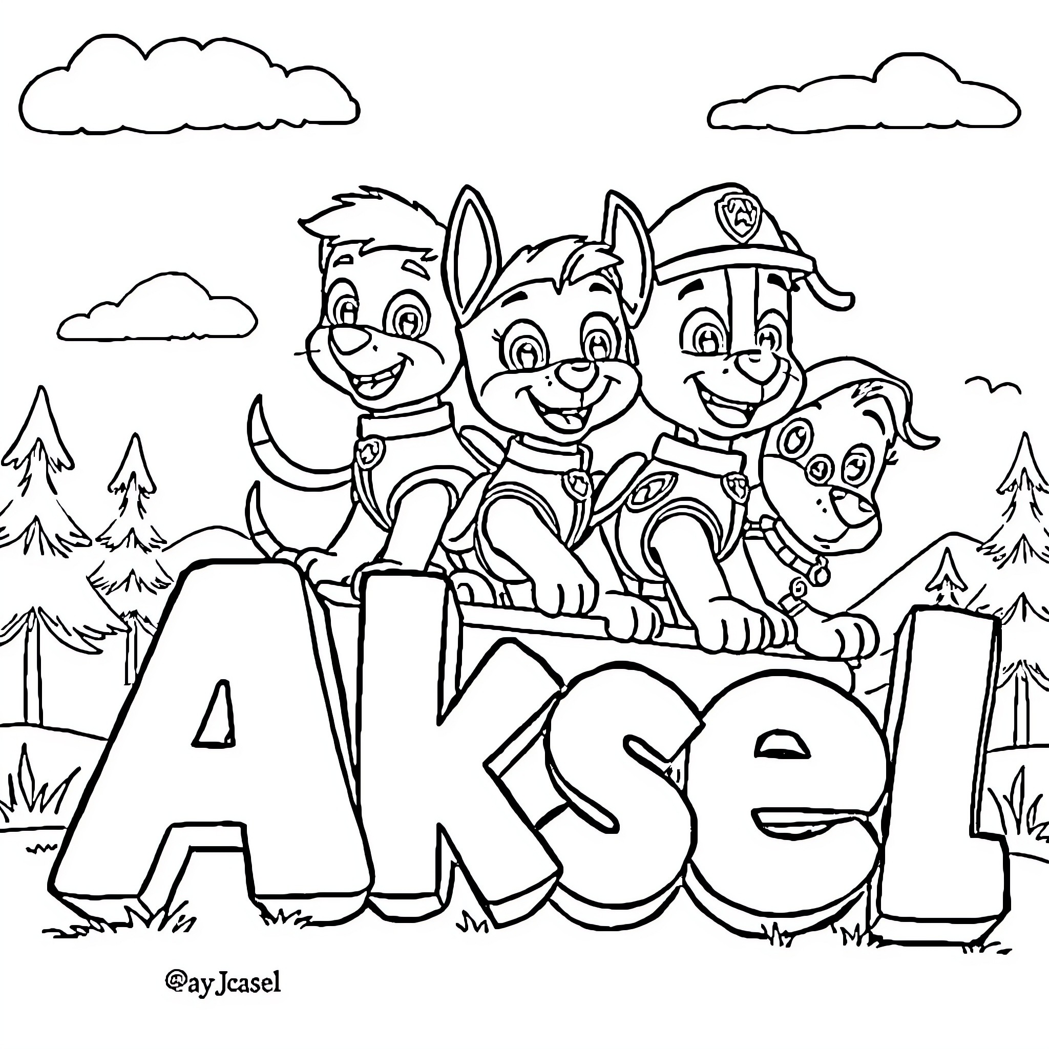 Paw Patrol characters in an adventure scene Coloring Page (free black-and-white line drawing printable PDF for all, from beginners to advanced learners, including children, teens, adults, and seniors)