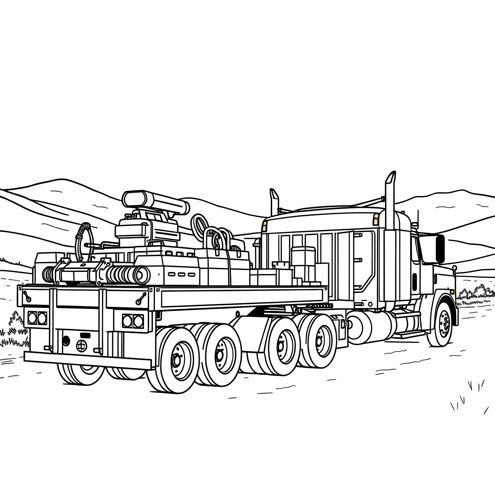Gooseneck Trailer Transporting Heavy Equipment Coloring Page (free black-and-white line drawing printable PDF for all, from beginners to advanced learners, including children, teens, adults, and seniors)