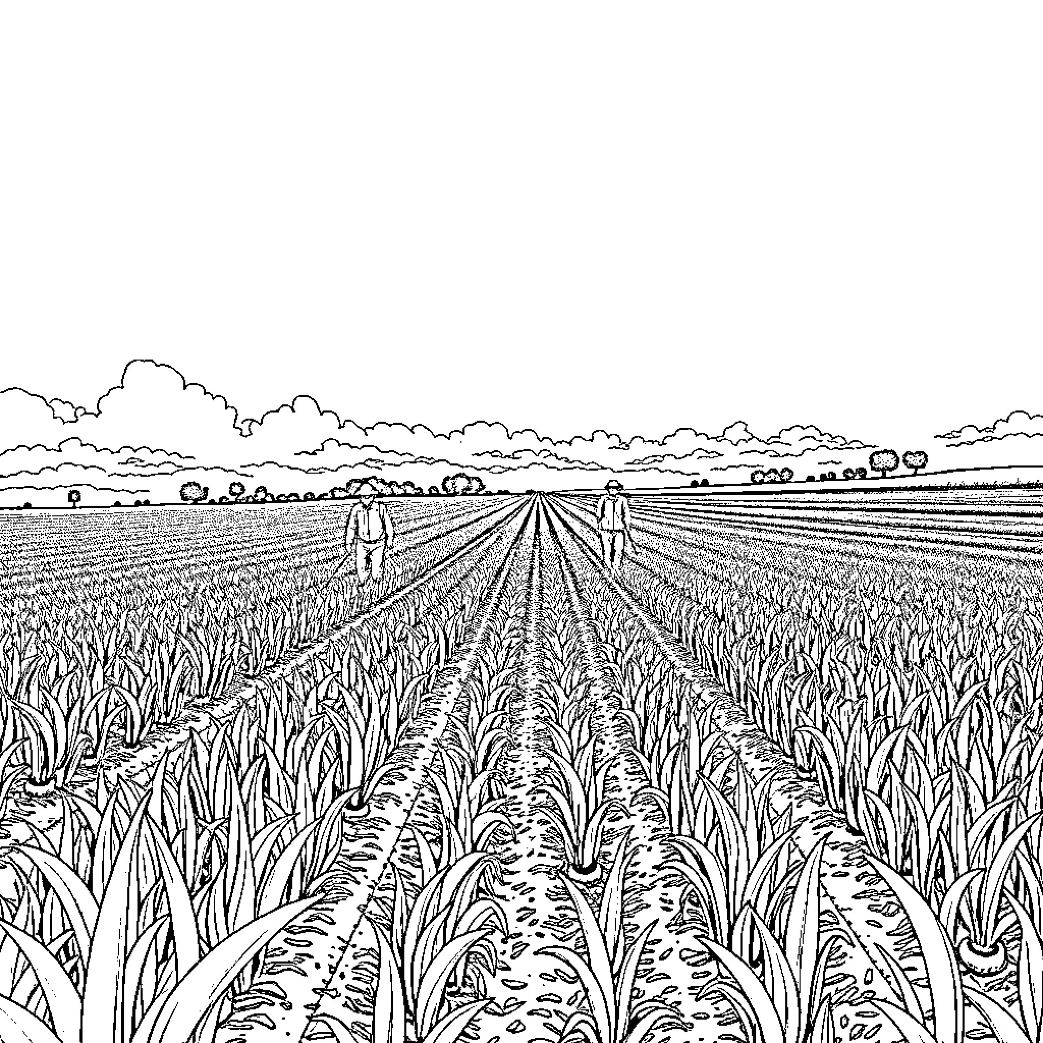 Maize fields stretch into the horizon Coloring Page (free black-and-white line drawing printable PDF for all, from beginners to advanced learners, including children, teens, adults, and seniors)
