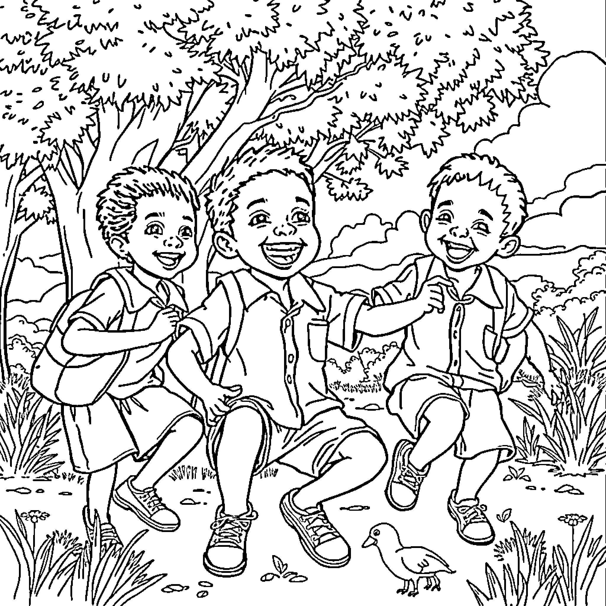 Kid friends laughing and playing in nature Coloring Page (free black-and-white line drawing printable PDF for all, from beginners to advanced learners, including children, teens, adults, and seniors)