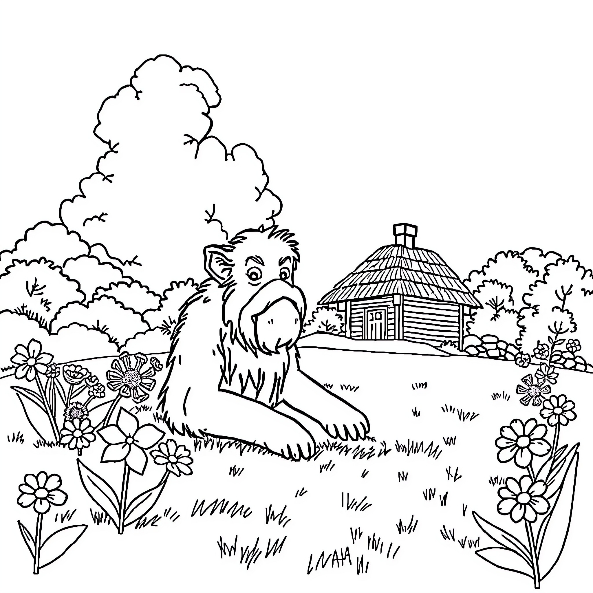 Anciano Monkey Lounging in Scenic Countryside Coloring Page (free black-and-white line drawing printable PDF for all, from beginners to advanced learners, including children, teens, adults, and seniors)