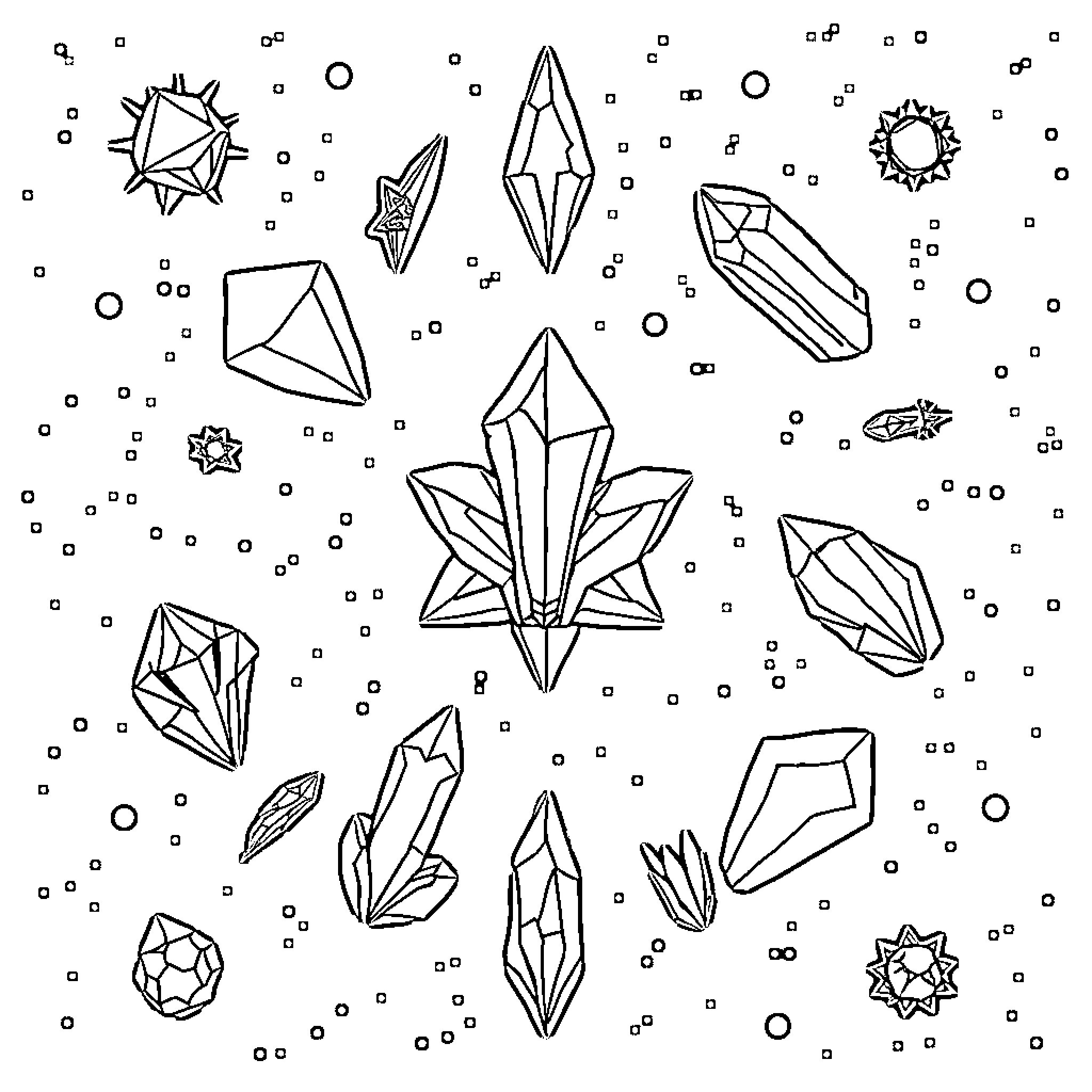 Crystal Formations and Geometric Shapes Coloring Page (free black-and-white line drawing printable PDF for all, from beginners to advanced learners, including children, teens, adults, and seniors)