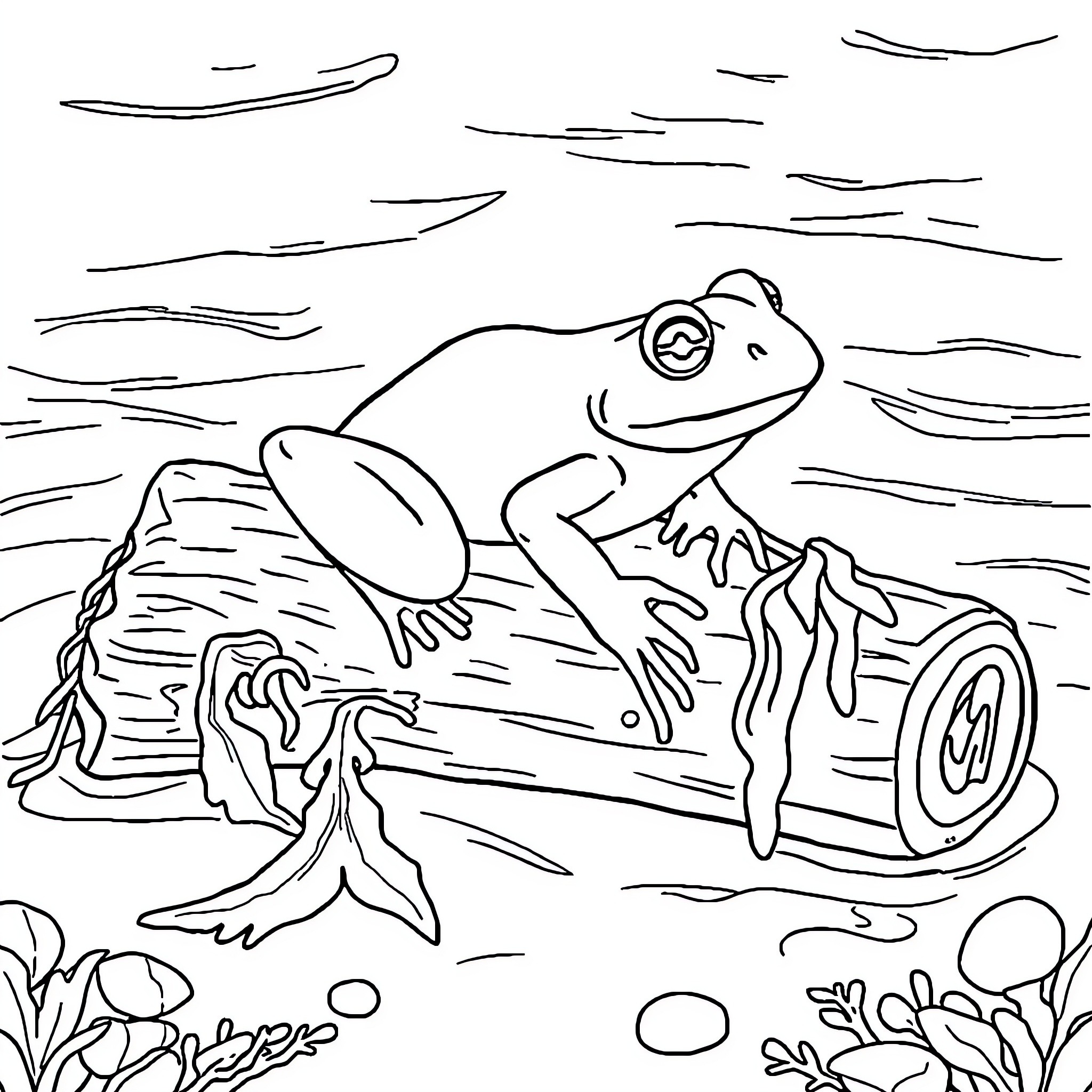 Frog basking on a fallen log Coloring Page (free black-and-white line drawing printable PDF for all, from beginners to advanced learners, including children, teens, adults, and seniors)