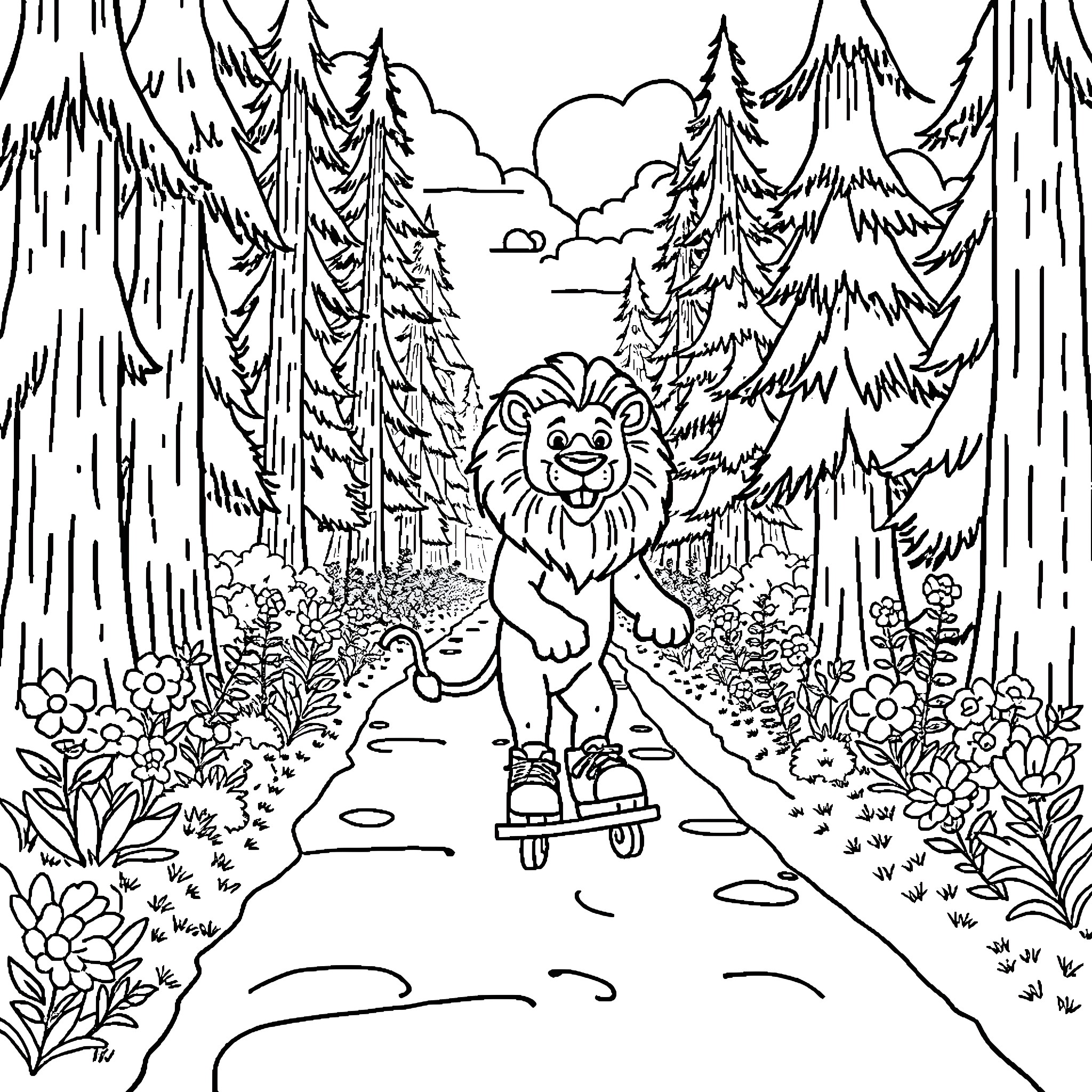 Lion exploring the enchanted forest Coloring Page (free black-and-white line drawing printable PDF for all, from beginners to advanced learners, including children, teens, adults, and seniors)