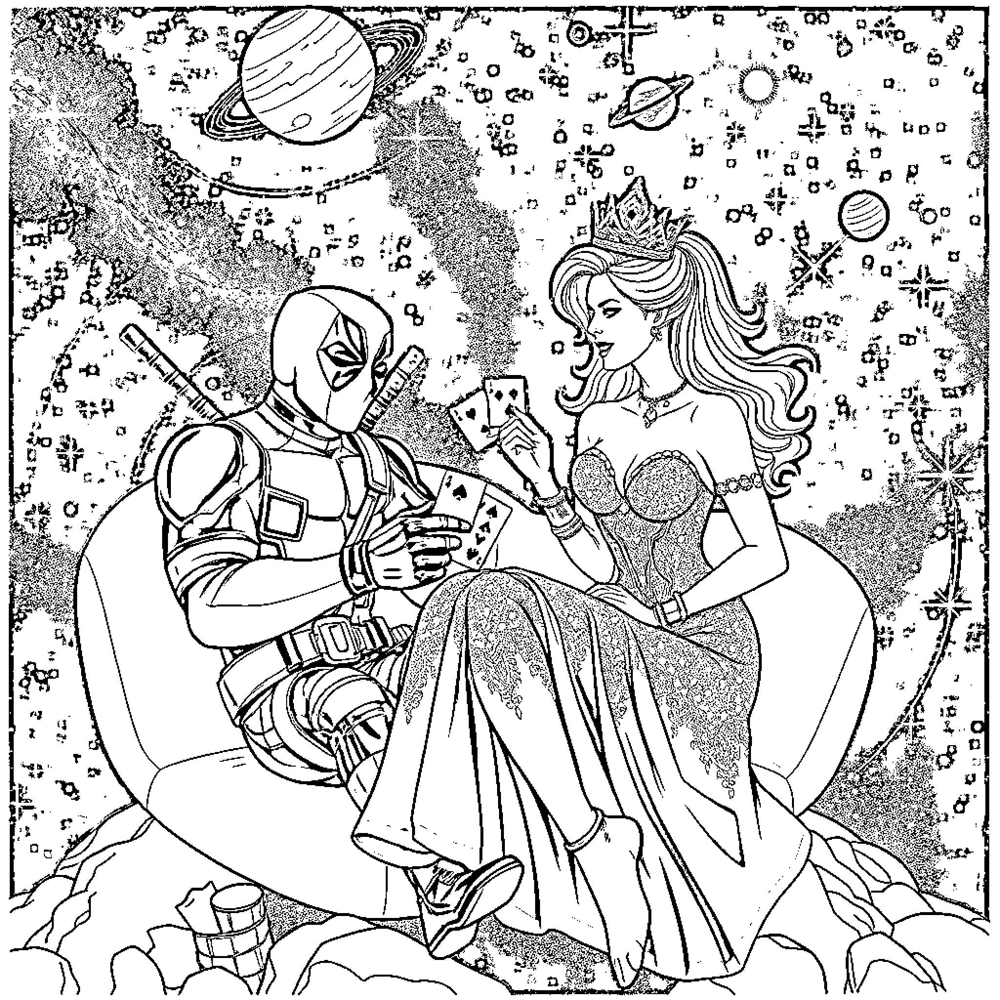 Deadpool and Princess in Cosmic Adventure Coloring Page (free black-and-white line drawing printable PDF for all, from beginners to advanced learners, including children, teens, adults, and seniors)