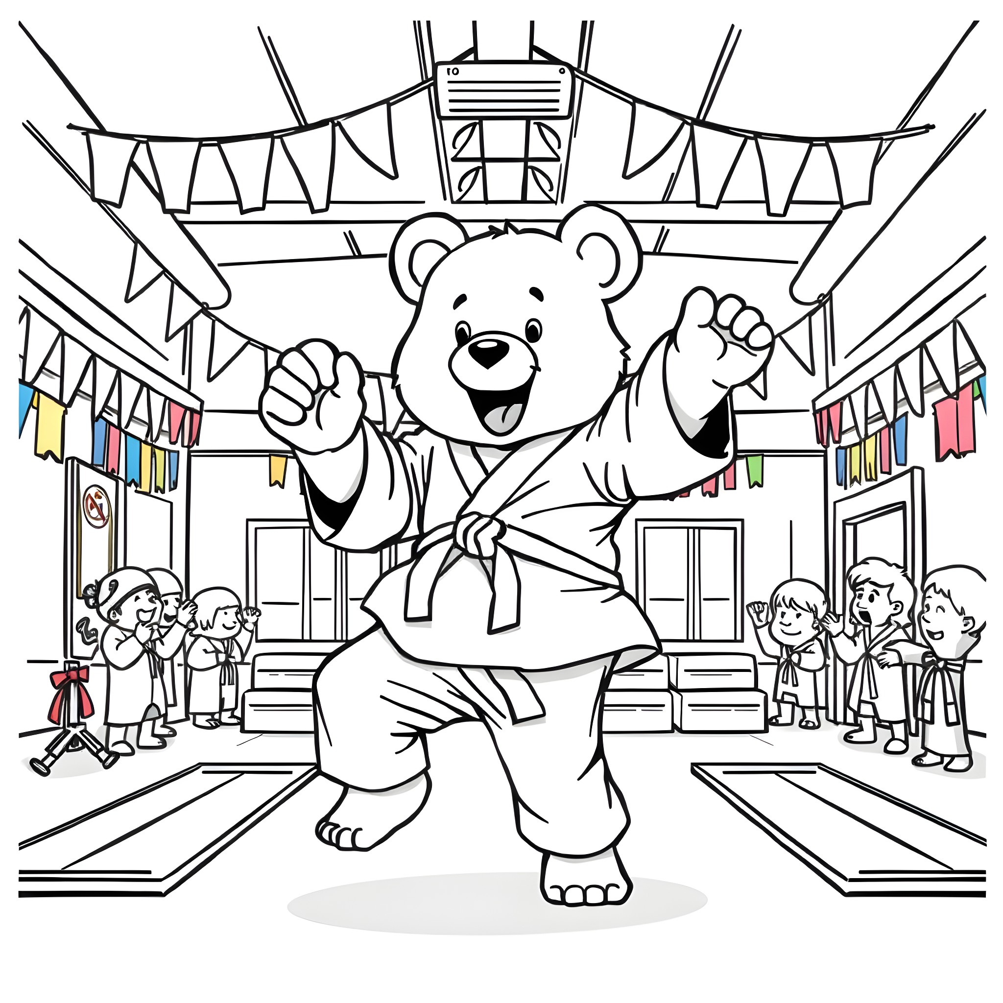 Cheer Bear celebrating at a festival with happy crowd Coloring Page (free black-and-white line drawing printable PDF for all, from beginners to advanced learners, including children, teens, adults, and seniors)