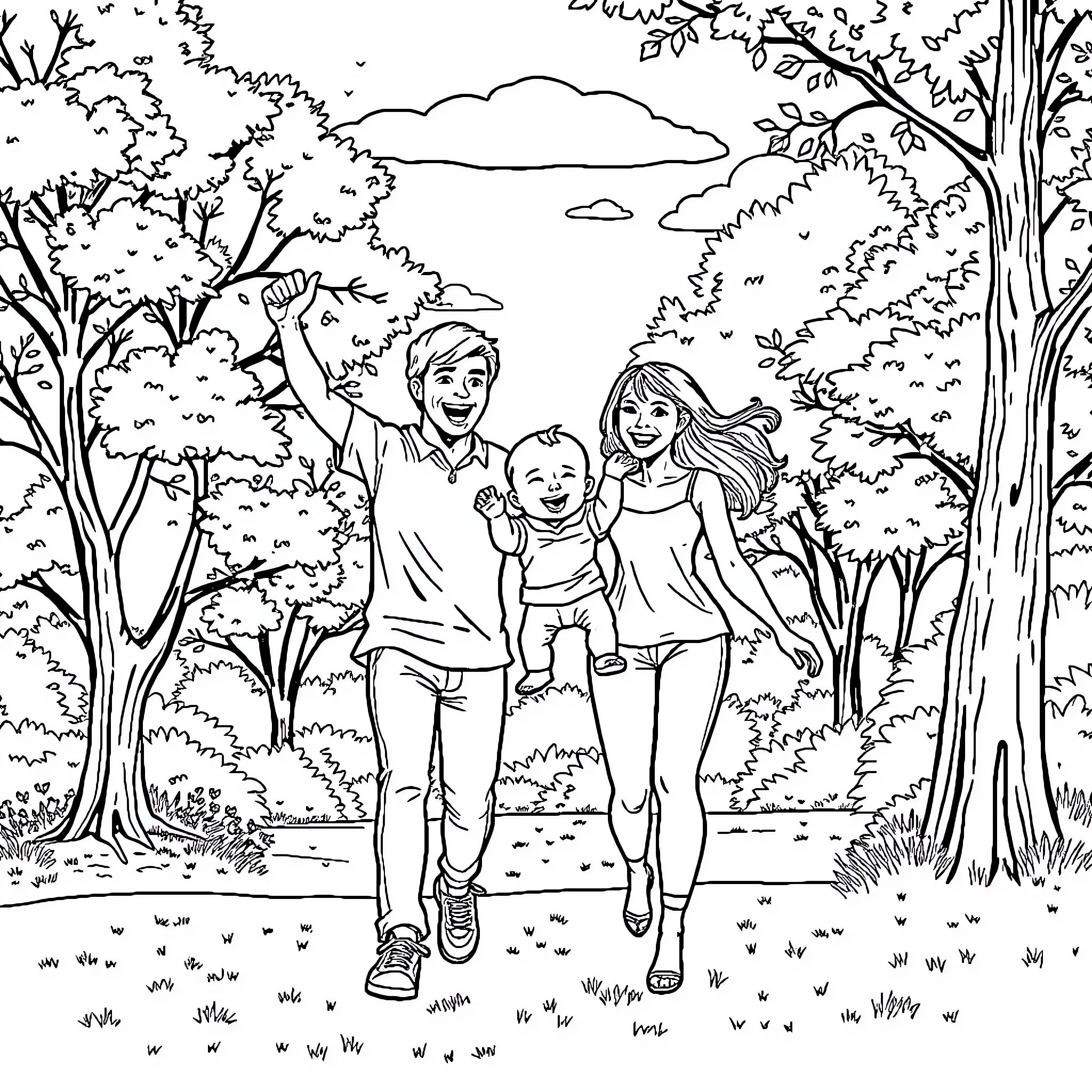 Couple enjoying nature with their child Coloring Page (free black-and-white line drawing printable PDF for all, from beginners to advanced learners, including children, teens, adults, and seniors)
