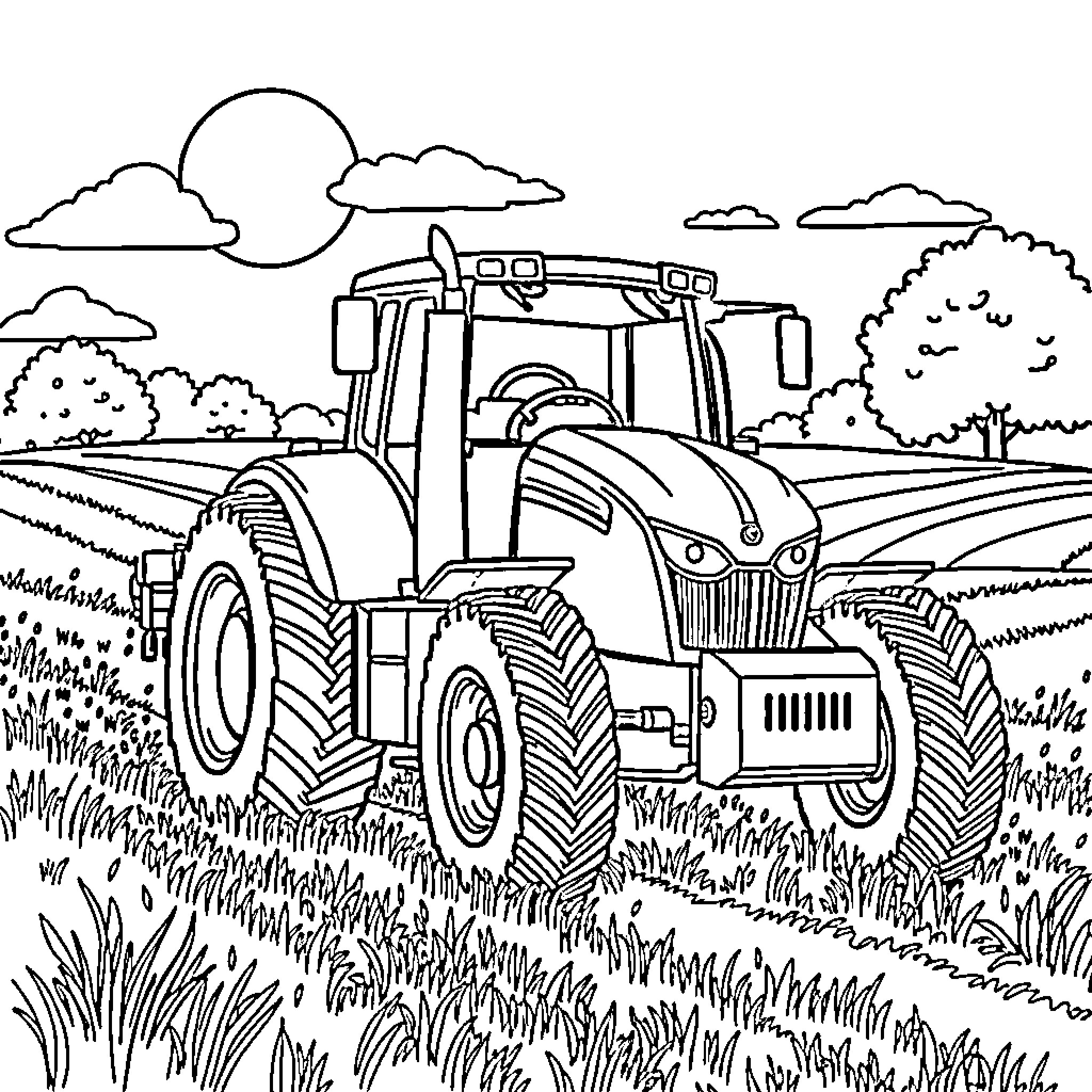Tractor plowing through lush countryside landscape Coloring Page (free black-and-white line drawing printable PDF for all, from beginners to advanced learners, including children, teens, adults, and seniors)