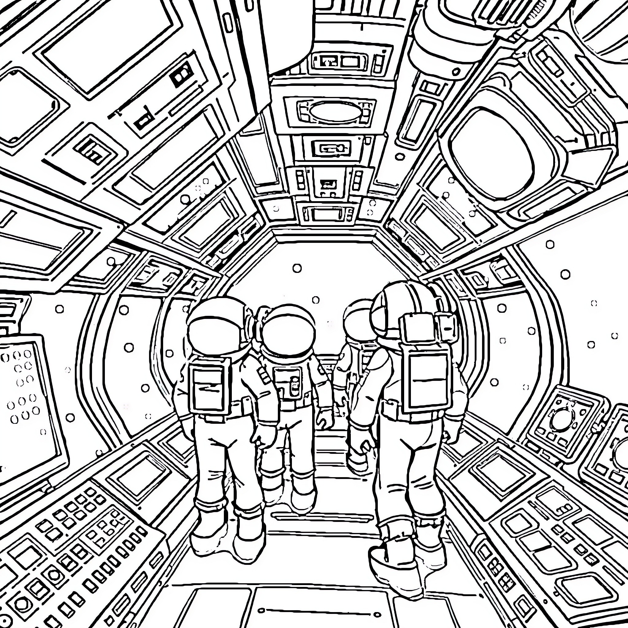 Among Us: Astronauts Explore Futuristic Spacecraft Interior Coloring Page (free black-and-white line drawing printable PDF for all, from beginners to advanced learners, including children, teens, adults, and seniors)