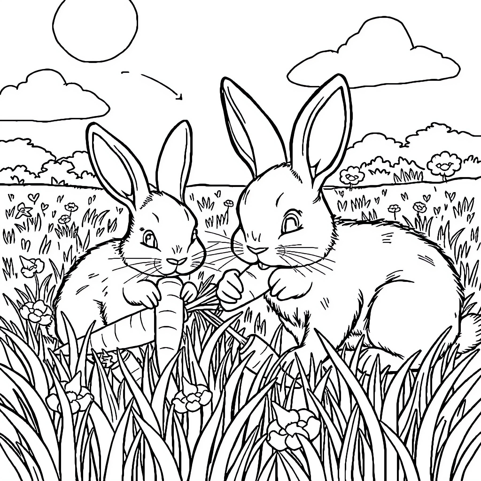 Bunny friends in the meadow Coloring Page (free black-and-white line drawing printable PDF for all, from beginners to advanced learners, including children, teens, adults, and seniors)