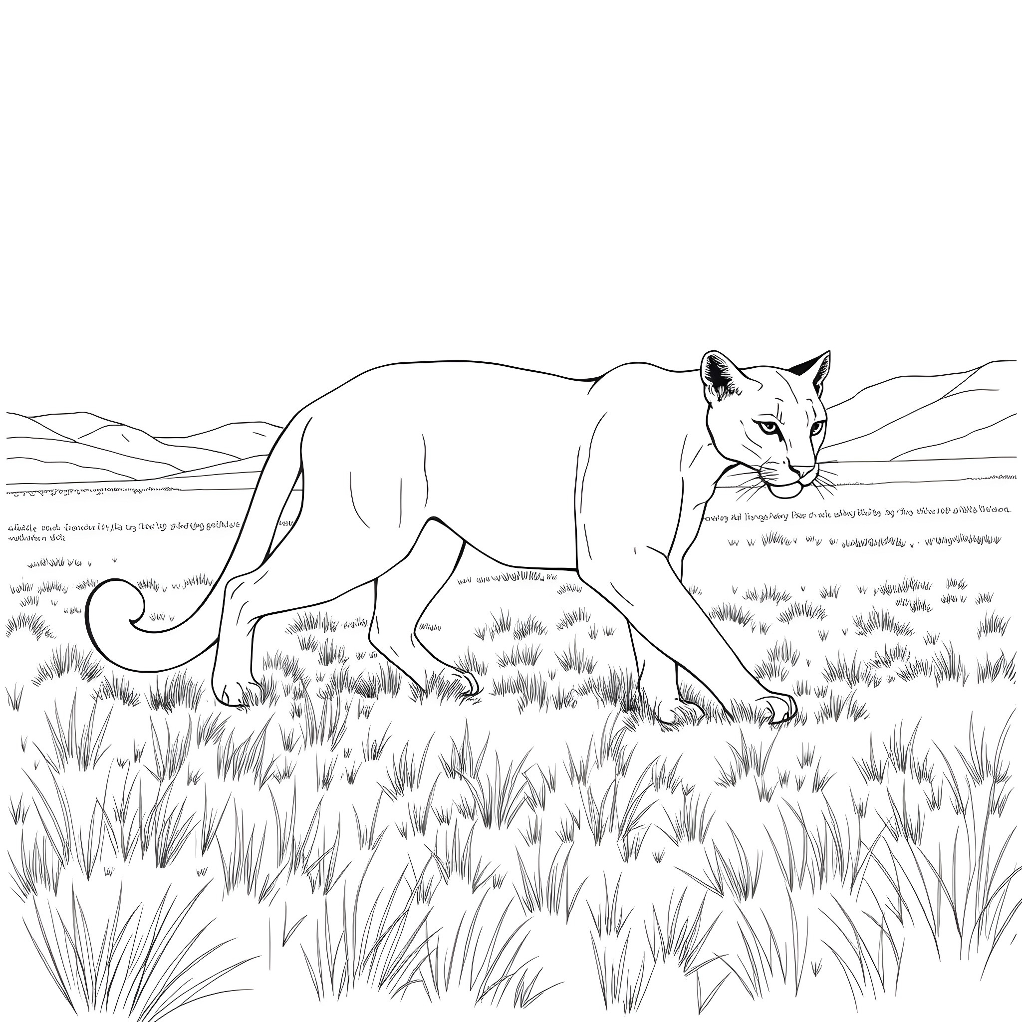 Cougar prowling through the wilderness Coloring Page (free black-and-white line drawing printable PDF for all, from beginners to advanced learners, including children, teens, adults, and seniors)