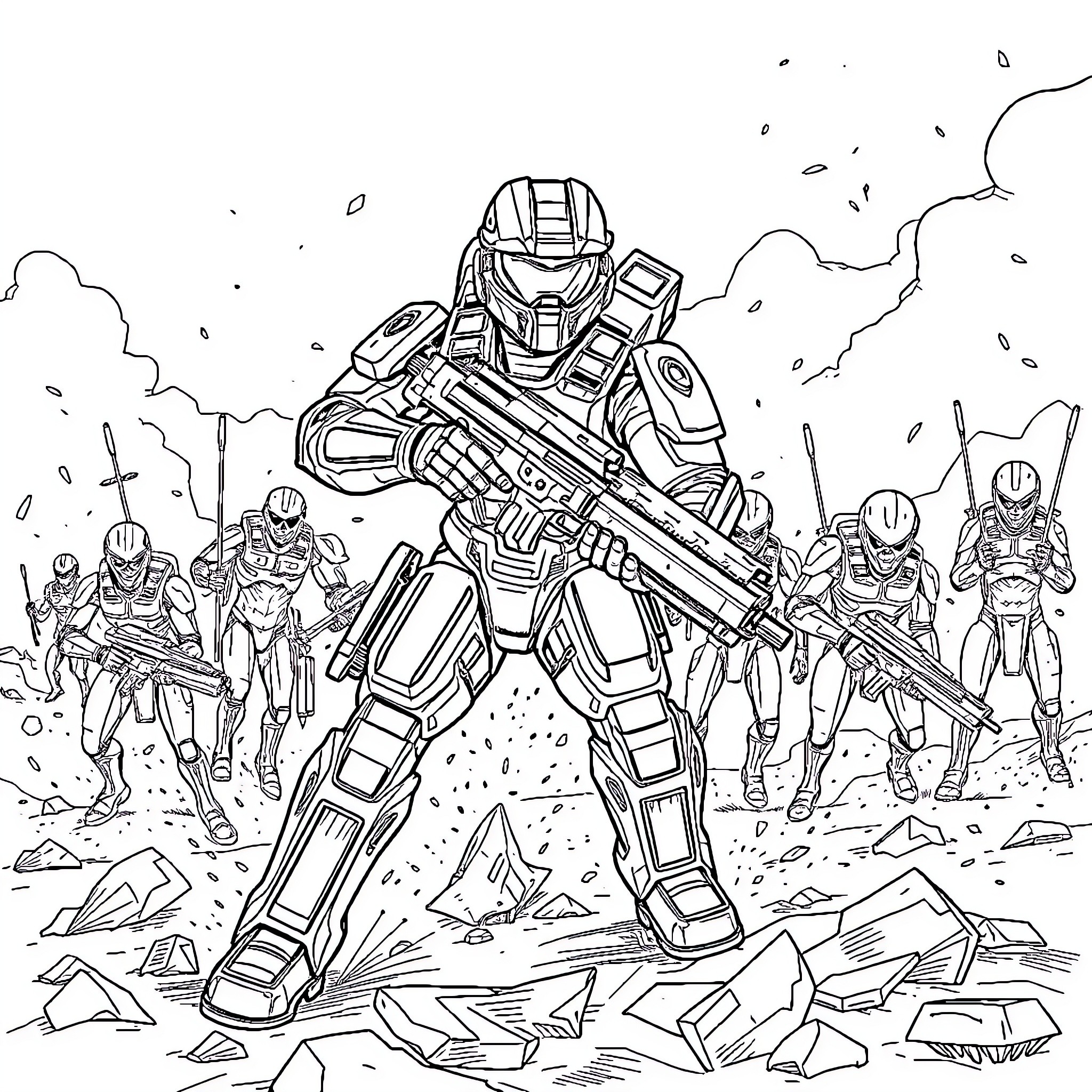 Master Chief Leading Spartan Soldiers in Action Coloring Page (free black-and-white line drawing printable PDF for all, from beginners to advanced learners, including children, teens, adults, and seniors)