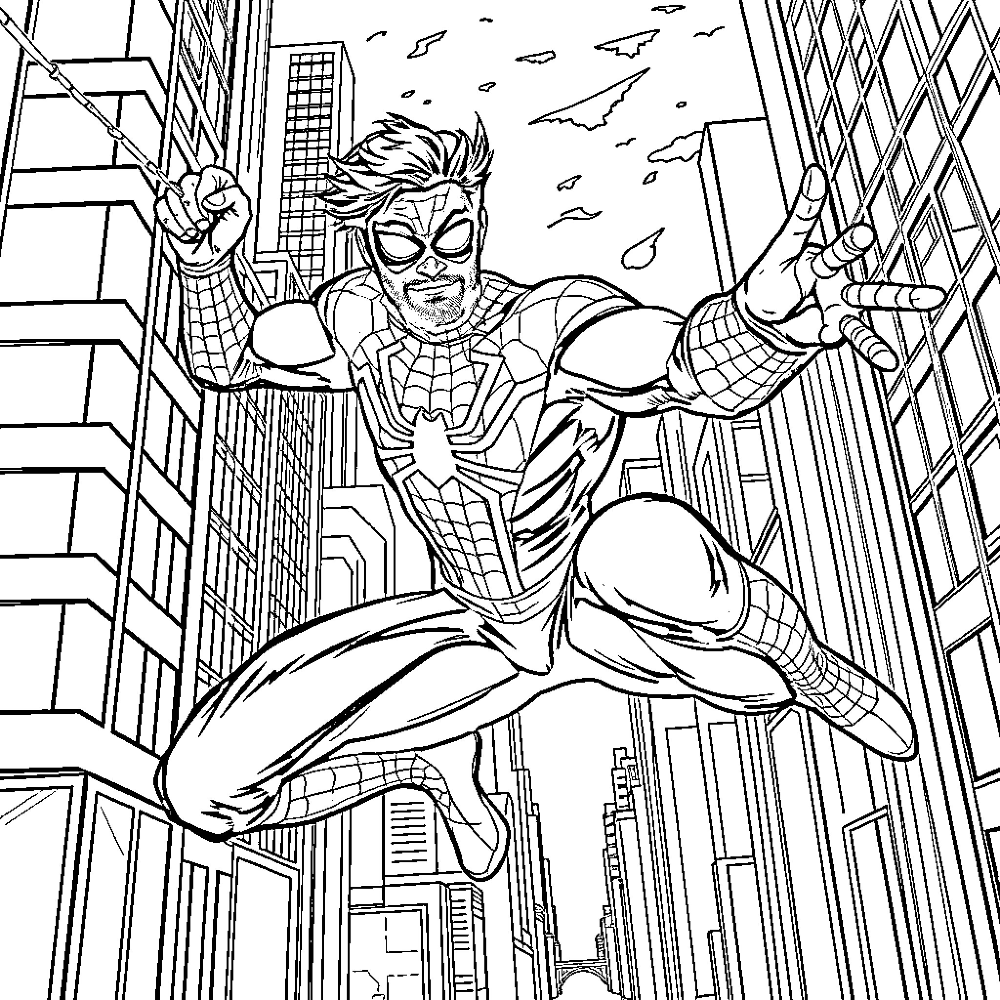 Mo Salah as Spider-Man swinging through the city Coloring Page (free black-and-white line drawing printable PDF for all, from beginners to advanced learners, including children, teens, adults, and seniors)