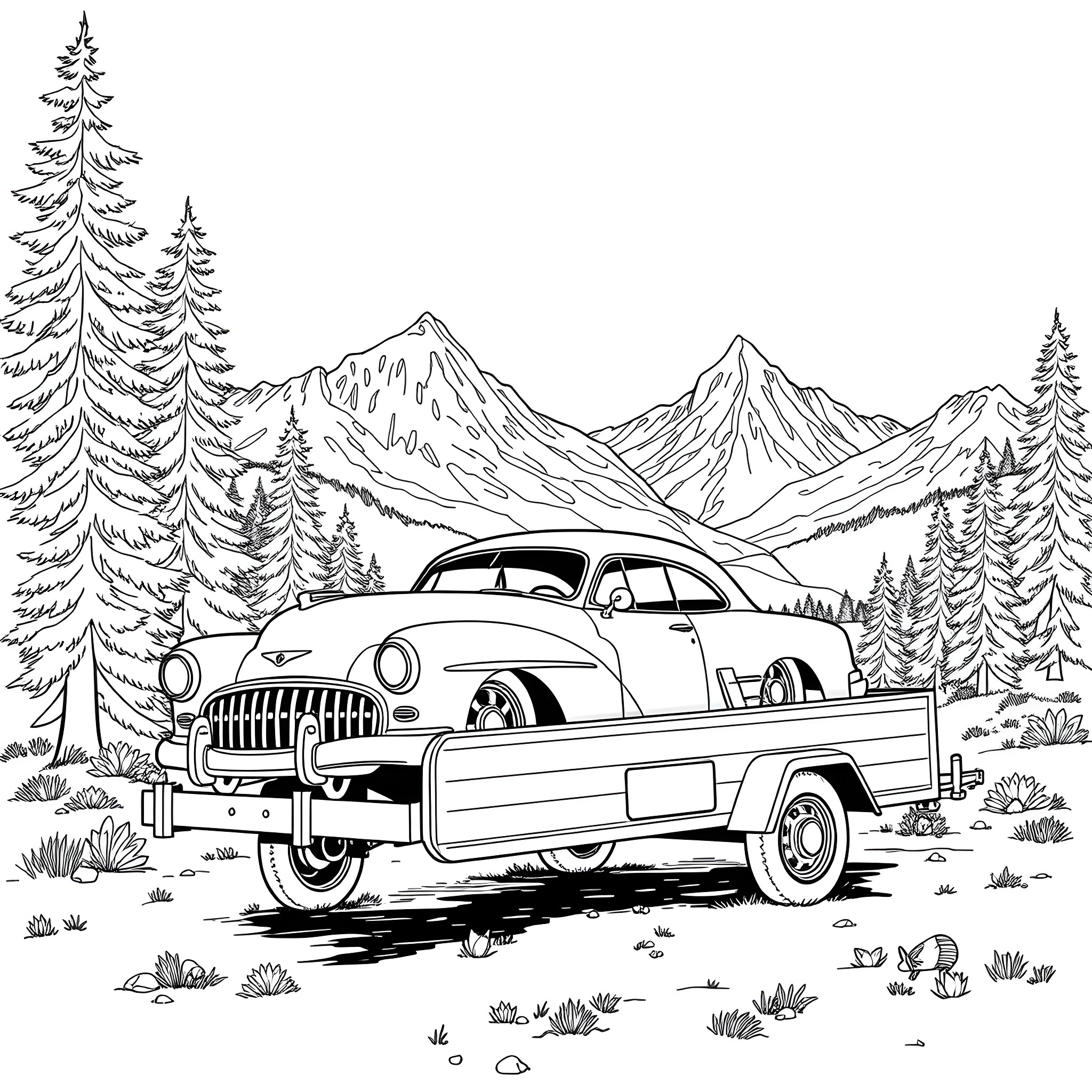 Car Driving Through Scenic Mountain Landscape Coloring Page (free black-and-white line drawing printable PDF for all, from beginners to advanced learners, including children, teens, adults, and seniors)