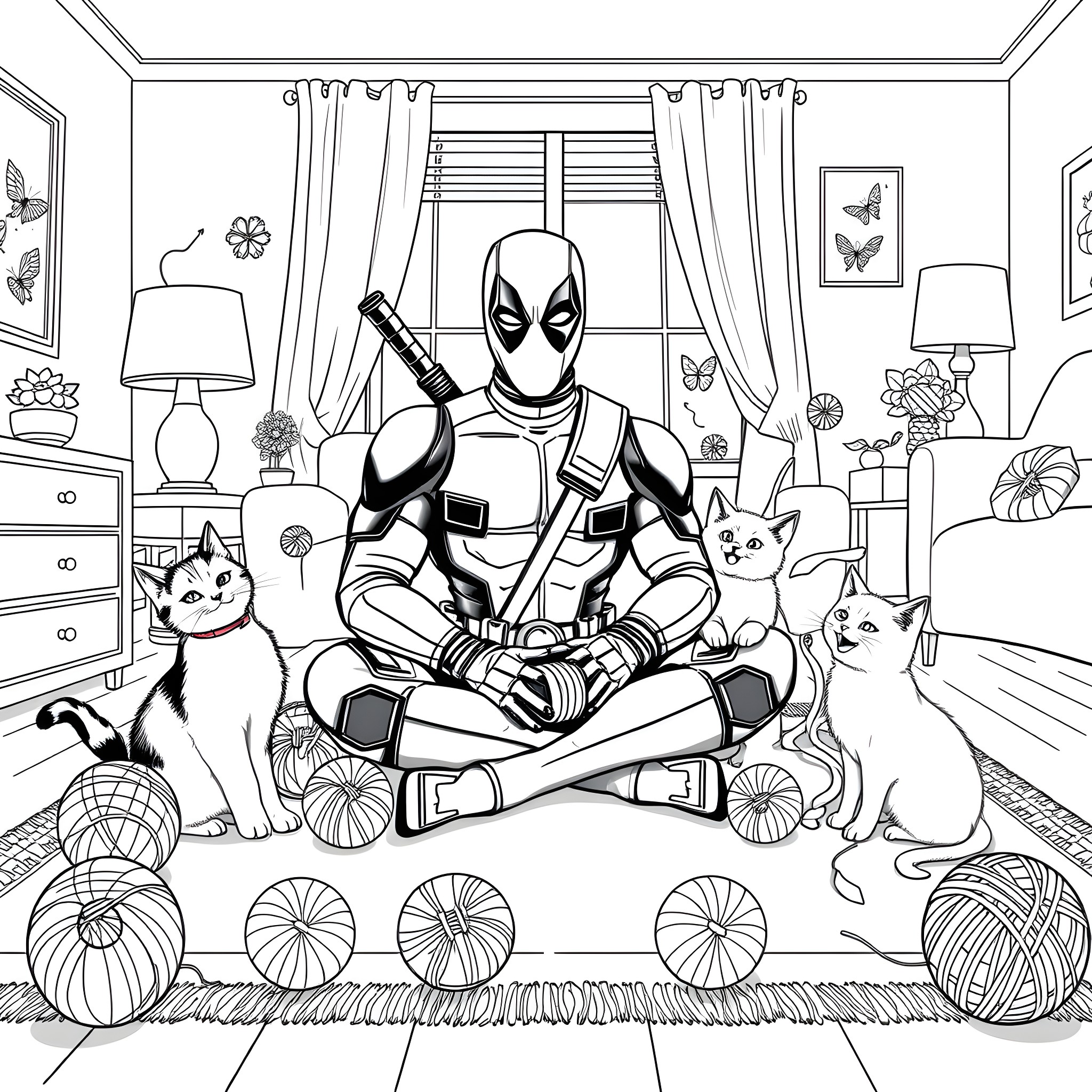 Deadpool Relaxing with Cats in a Cozy Room Coloring Page (free black-and-white line drawing printable PDF for all, from beginners to advanced learners, including children, teens, adults, and seniors)