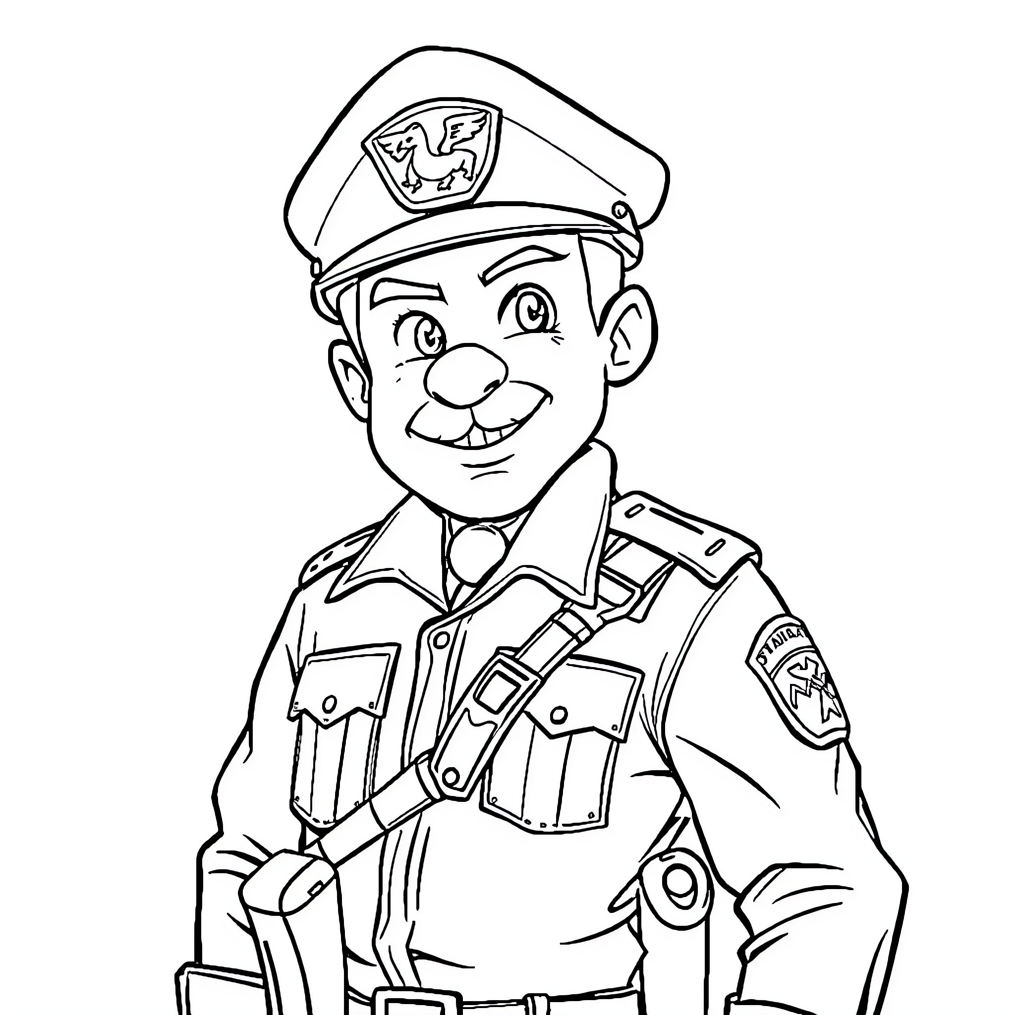 Yawen the Friendly Police Officer Coloring Page (free black-and-white line drawing printable PDF for all, from beginners to advanced learners, including children, teens, adults, and seniors)