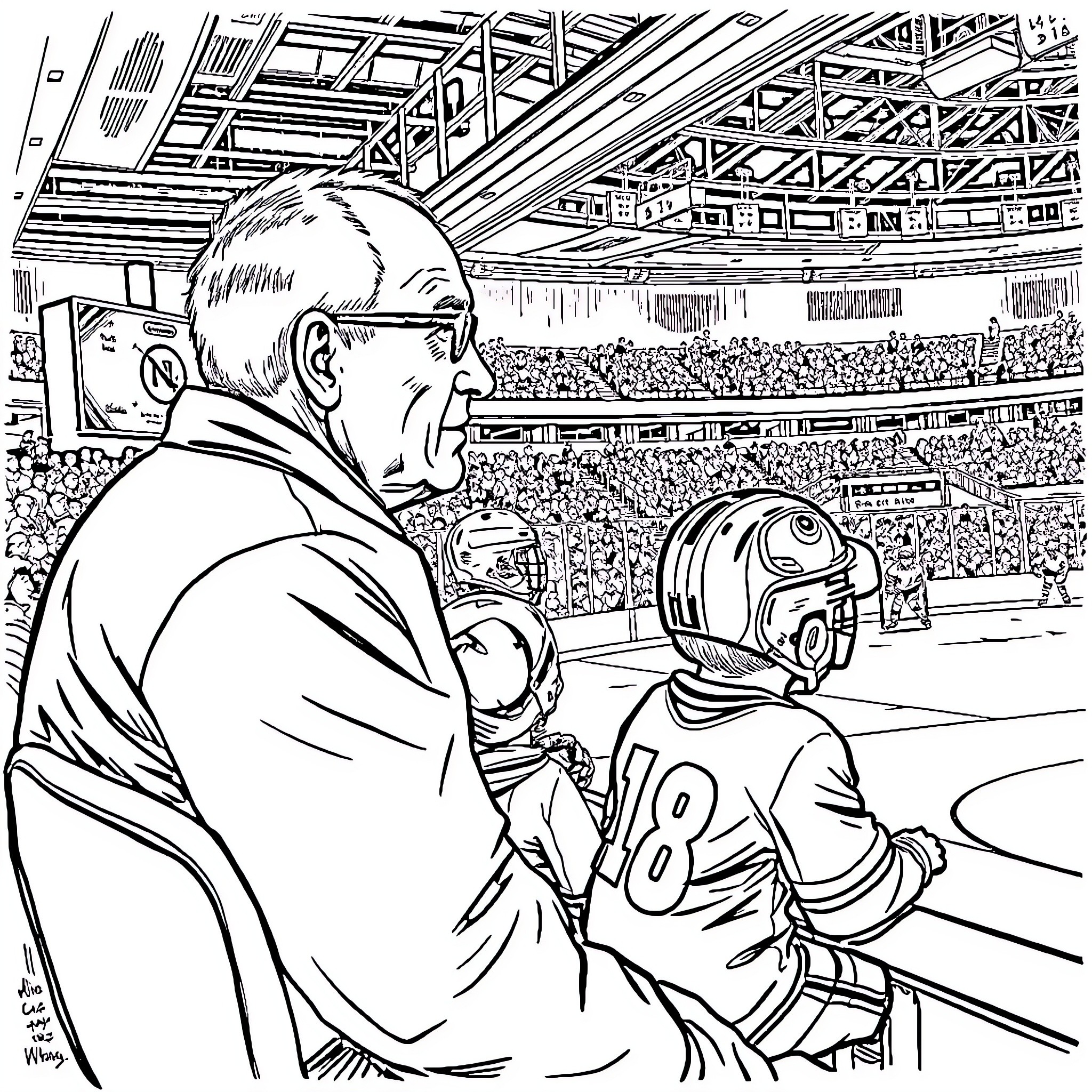 Hockey players in intense competition on the ice rink Coloring Page (free black-and-white line drawing printable PDF for all, from beginners to advanced learners, including children, teens, adults, and seniors)