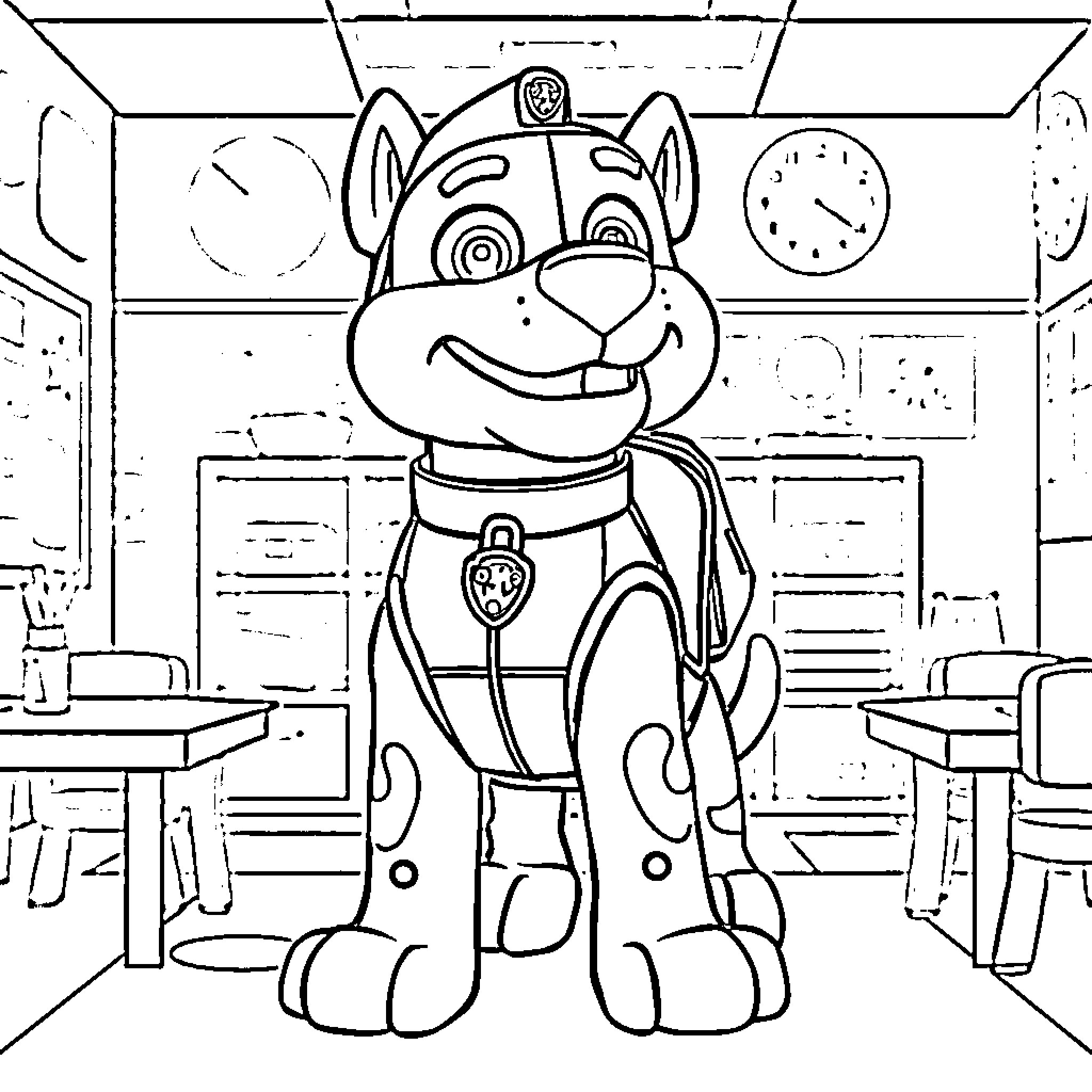 Rocky's Animated Canine Character in Classroom Setting Coloring Page (free black-and-white line drawing printable PDF for all, from beginners to advanced learners, including children, teens, adults, and seniors)