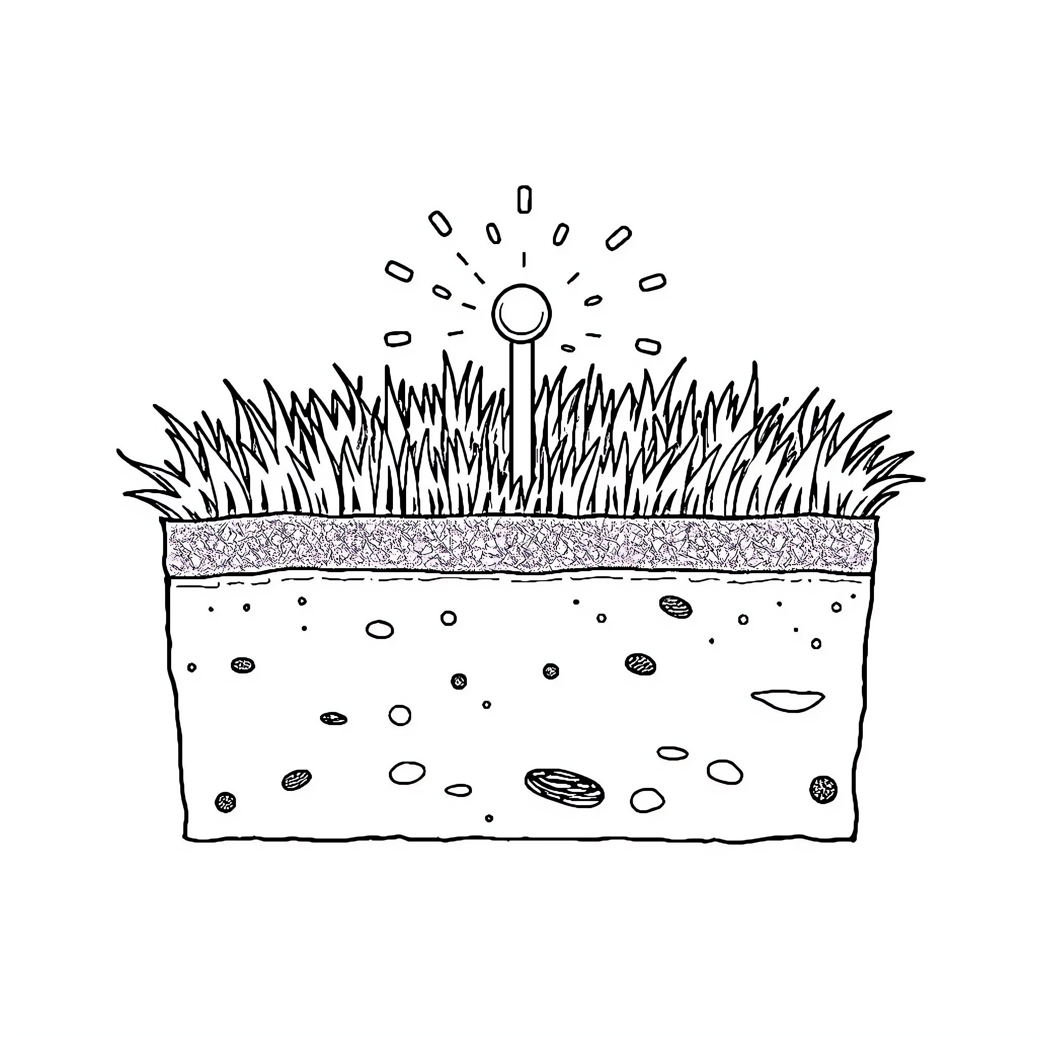 Sprinkler watering the grass in the backyard Coloring Page (free black-and-white line drawing printable PDF for all, from beginners to advanced learners, including children, teens, adults, and seniors)