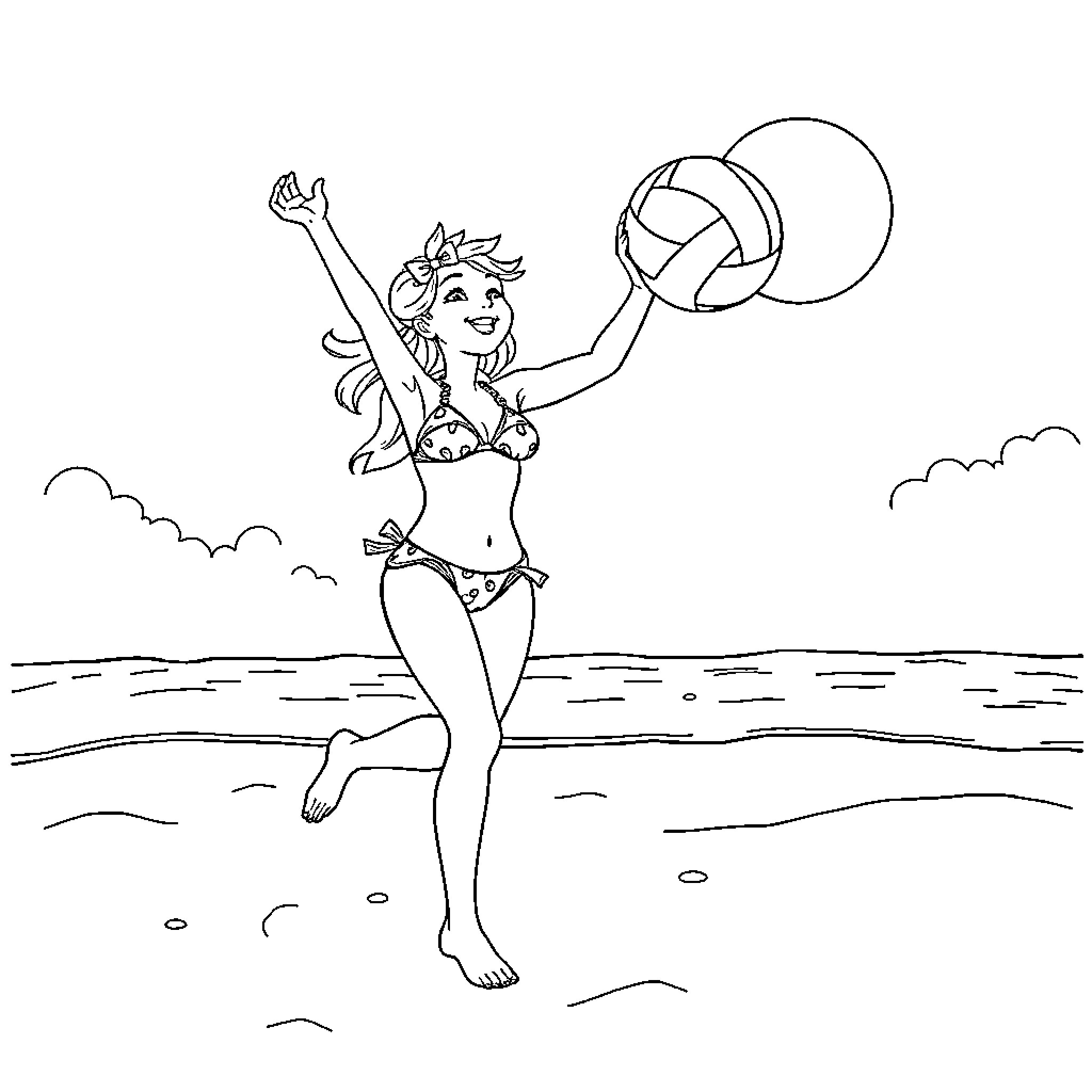 Girl in a Bikini Playing Beach Volleyball Coloring Page (free black-and-white line drawing printable PDF for all, from beginners to advanced learners, including children, teens, adults, and seniors)