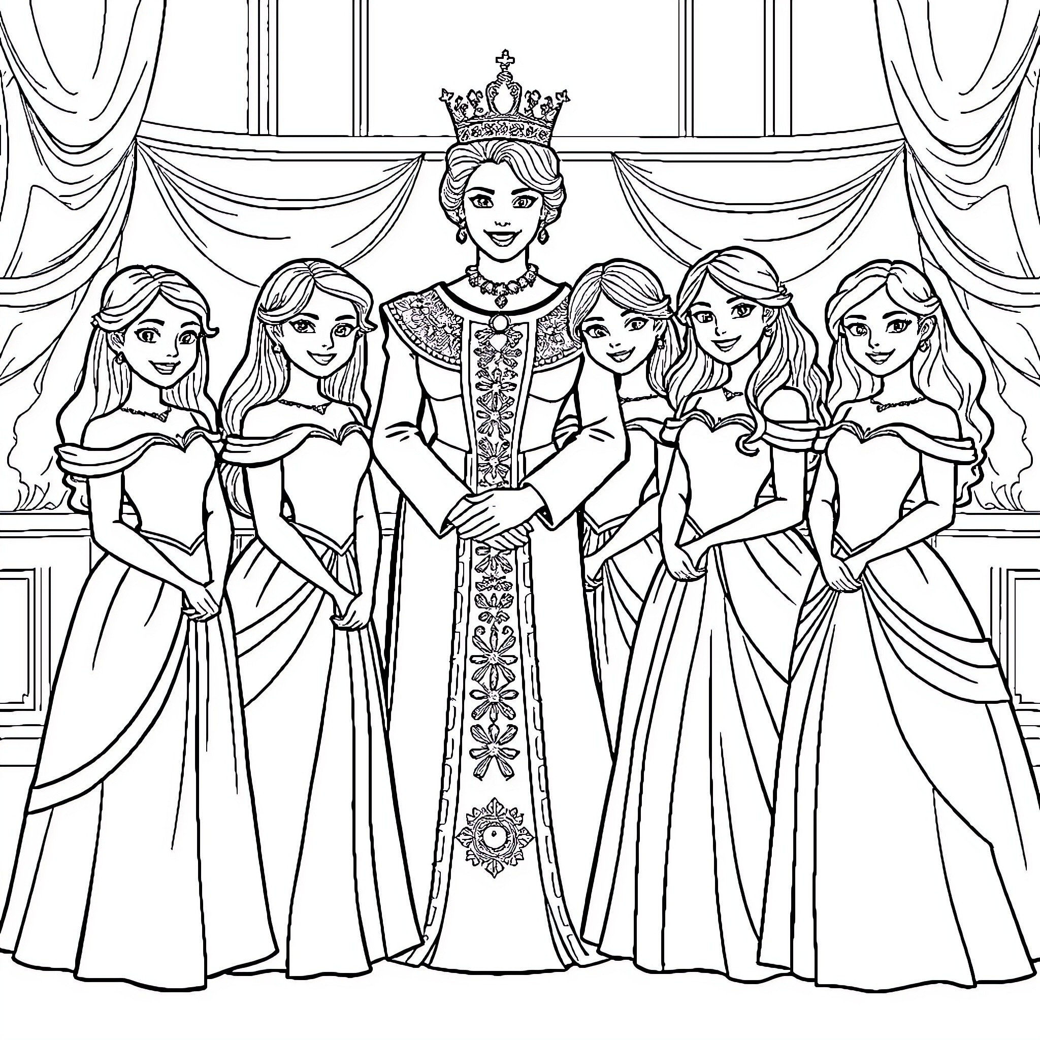 Princess and her royal retinue in formal attire Coloring Page (free black-and-white line drawing printable PDF for all, from beginners to advanced learners, including children, teens, adults, and seniors)