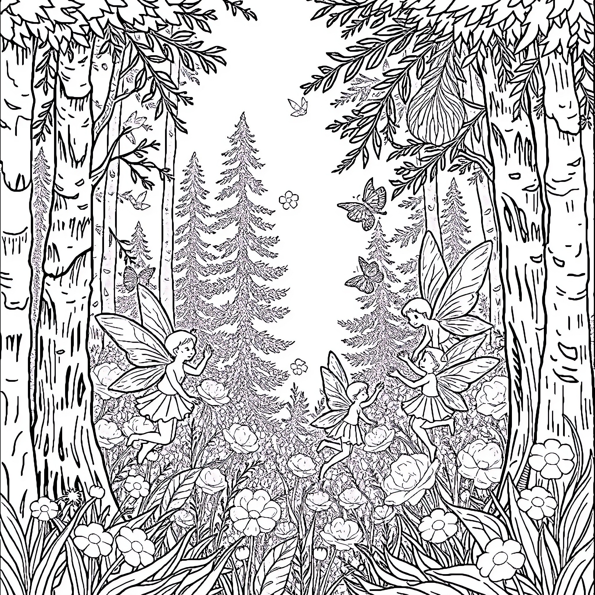 Fairy Wonderland: Enchanted Forest with Playful Fairies Coloring Page (free black-and-white line drawing printable PDF for all, from beginners to advanced learners, including children, teens, adults, and seniors)