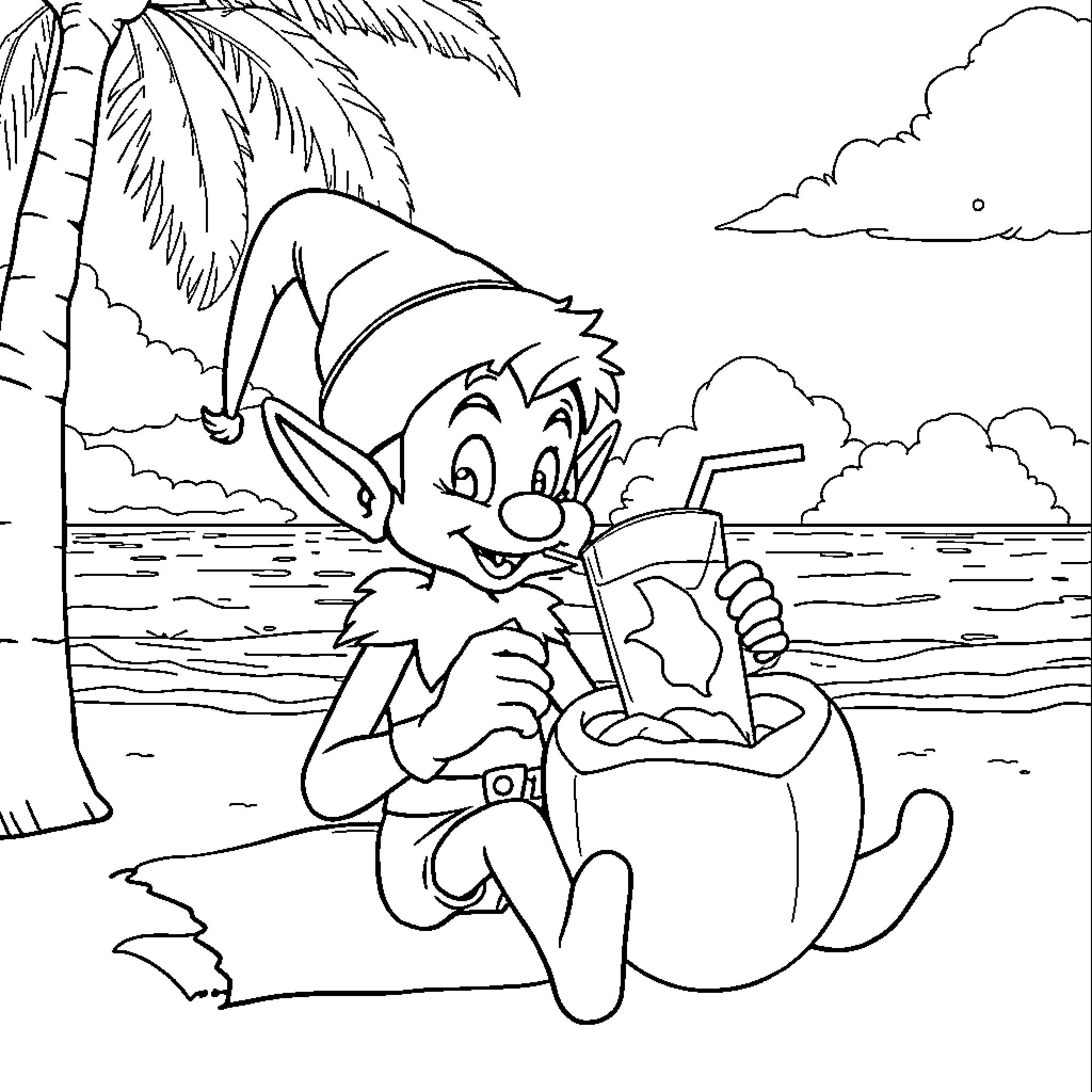 Elf enjoys a day at the beach Coloring Page (free black-and-white line drawing printable PDF for all, from beginners to advanced learners, including children, teens, adults, and seniors)