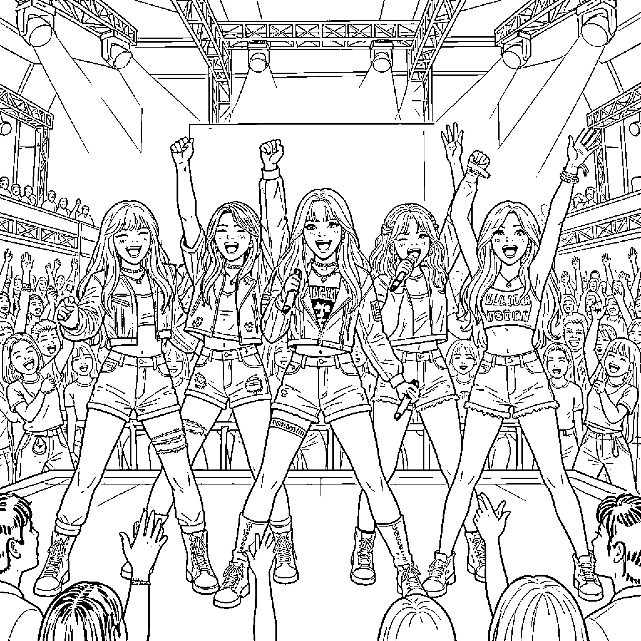 Blackpink members performing energetically on stage for fans Coloring Page (free black-and-white line drawing printable PDF for all, from beginners to advanced learners, including children, teens, adults, and seniors)