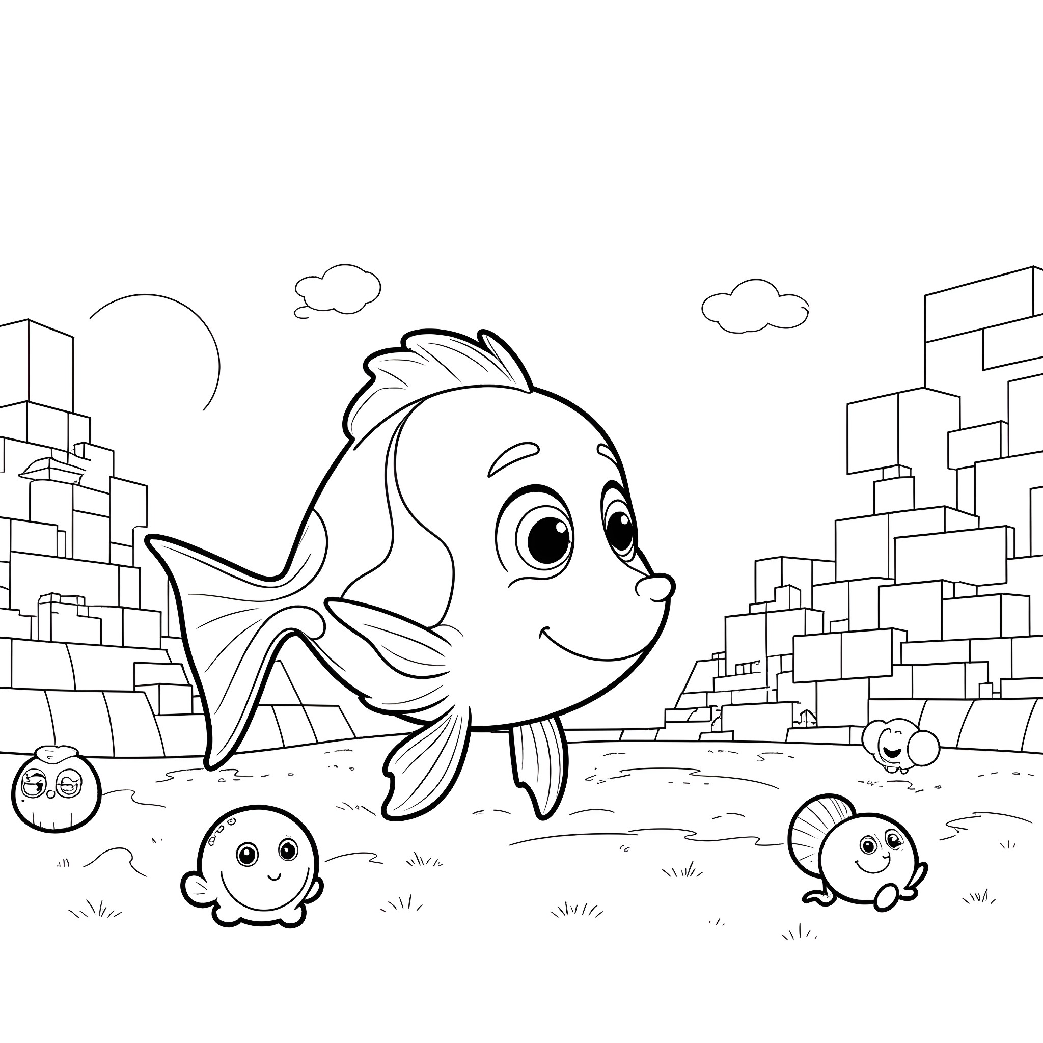 Nemo exploring the underwater world with friends Coloring Page (free black-and-white line drawing printable PDF for all, from beginners to advanced learners, including children, teens, adults, and seniors)
