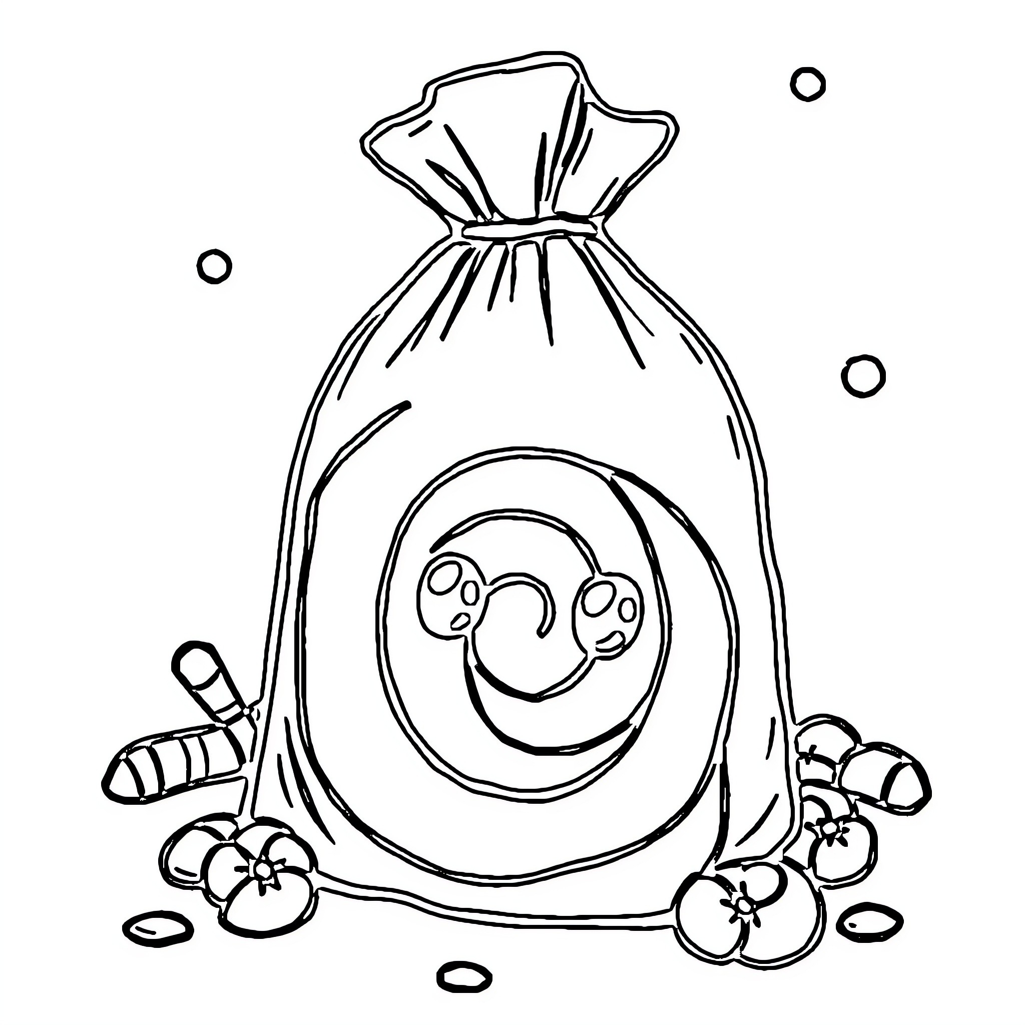 Cinnamon Roll in a Whimsical Sack with Flowers Coloring Page (free black-and-white line drawing printable PDF for all, from beginners to advanced learners, including children, teens, adults, and seniors)