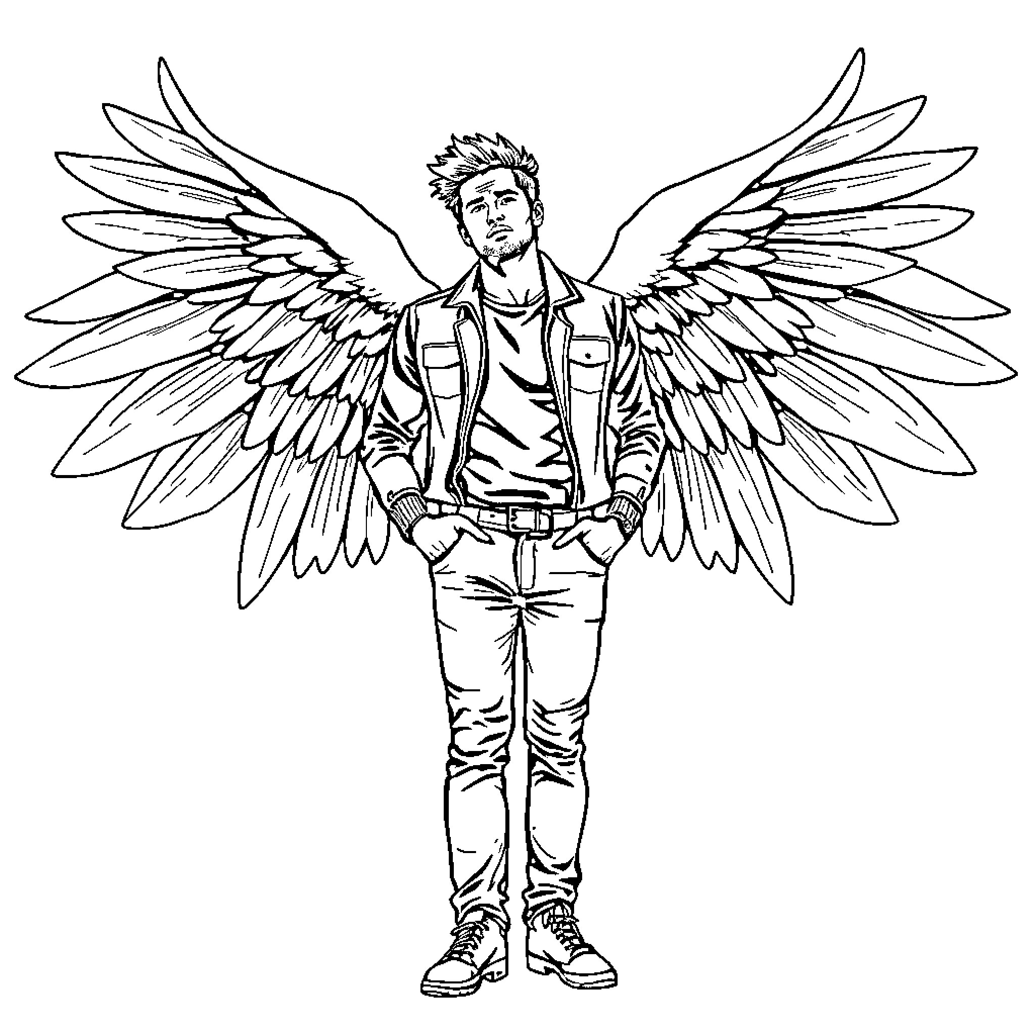 Liam Payne with majestic angelic wings Coloring Page (free black-and-white line drawing printable PDF for all, from beginners to advanced learners, including children, teens, adults, and seniors)