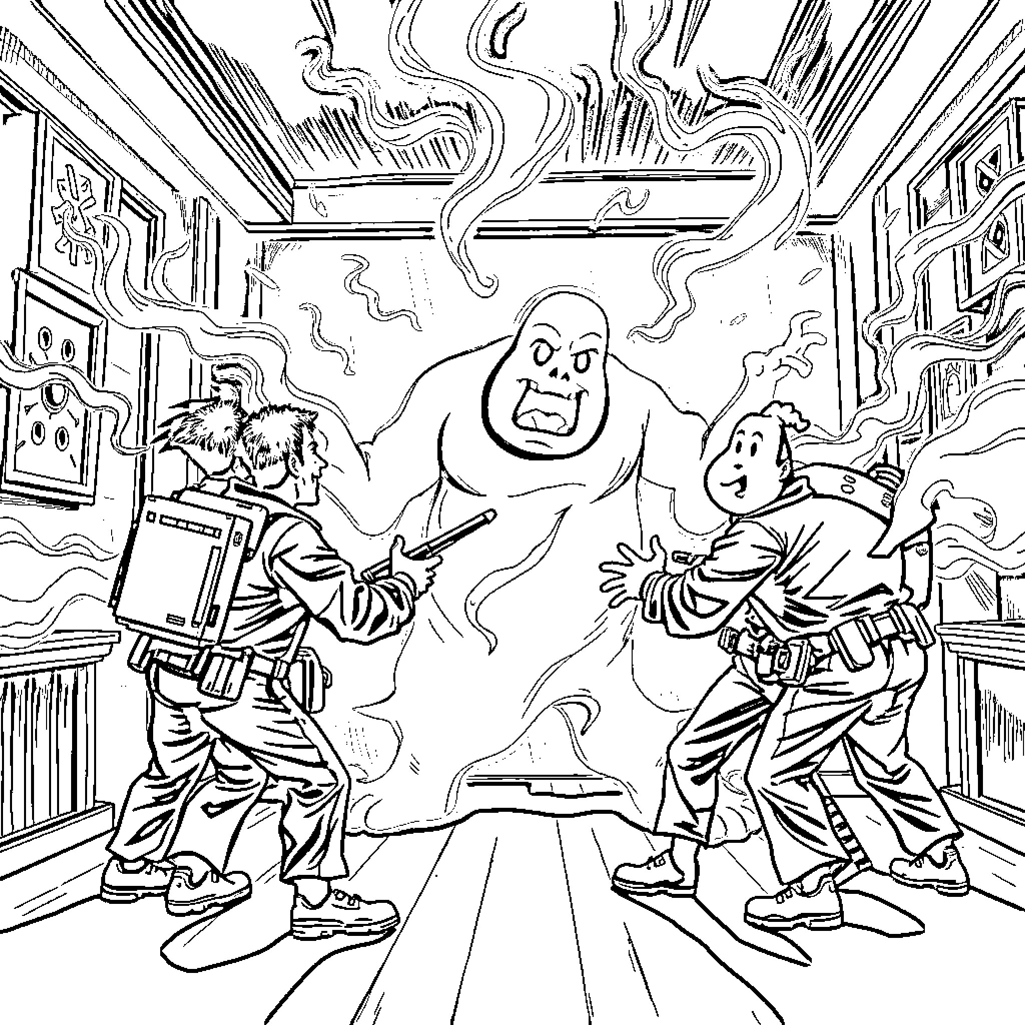 Ghostbusters: Supernatural Encounter in Paranormal Office Coloring Page (free black-and-white line drawing printable PDF for all, from beginners to advanced learners, including children, teens, adults, and seniors)